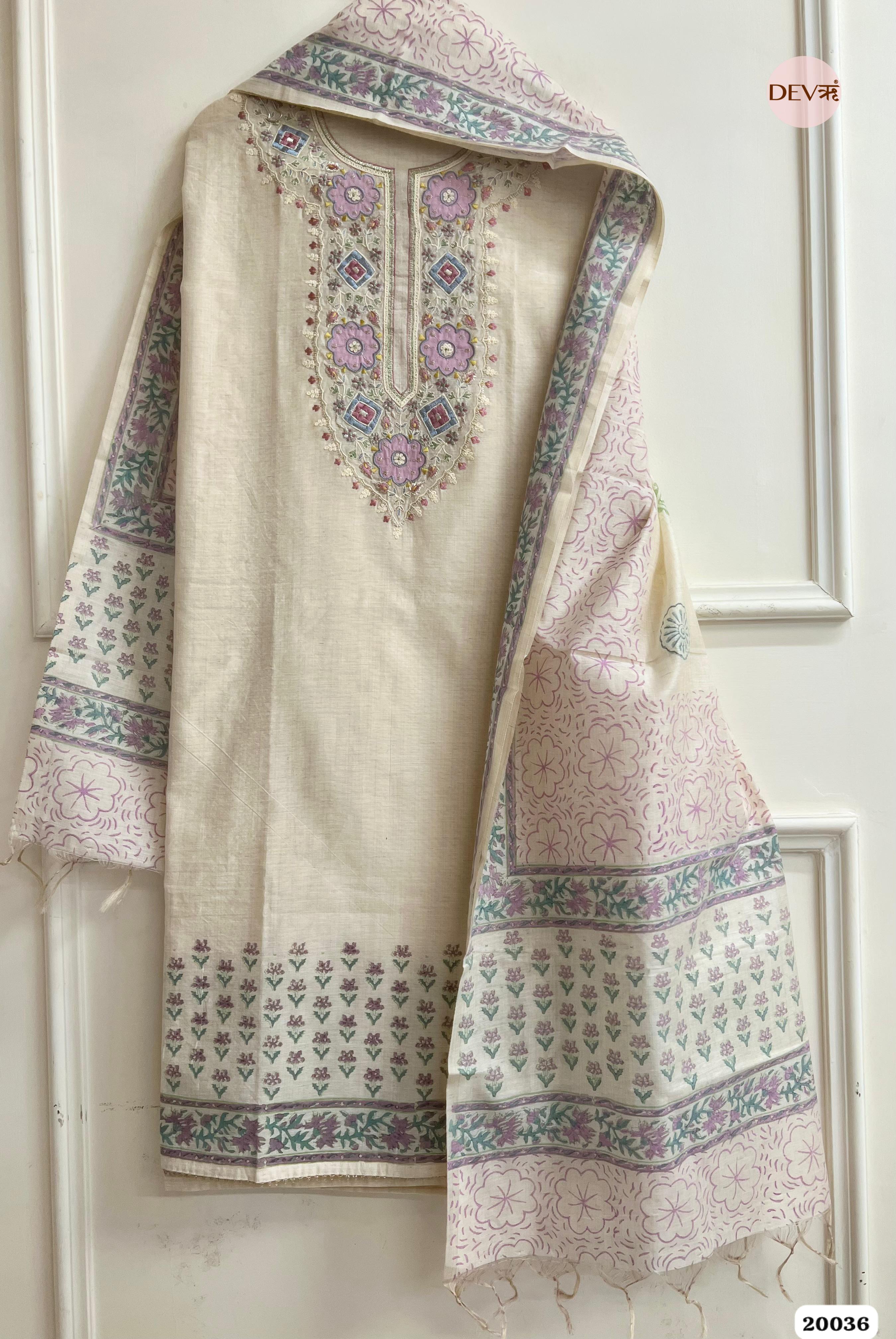 Ivory Pure Linen Embroidered Unstitched 3-Piece Suit (Devri – D.No. 20036)