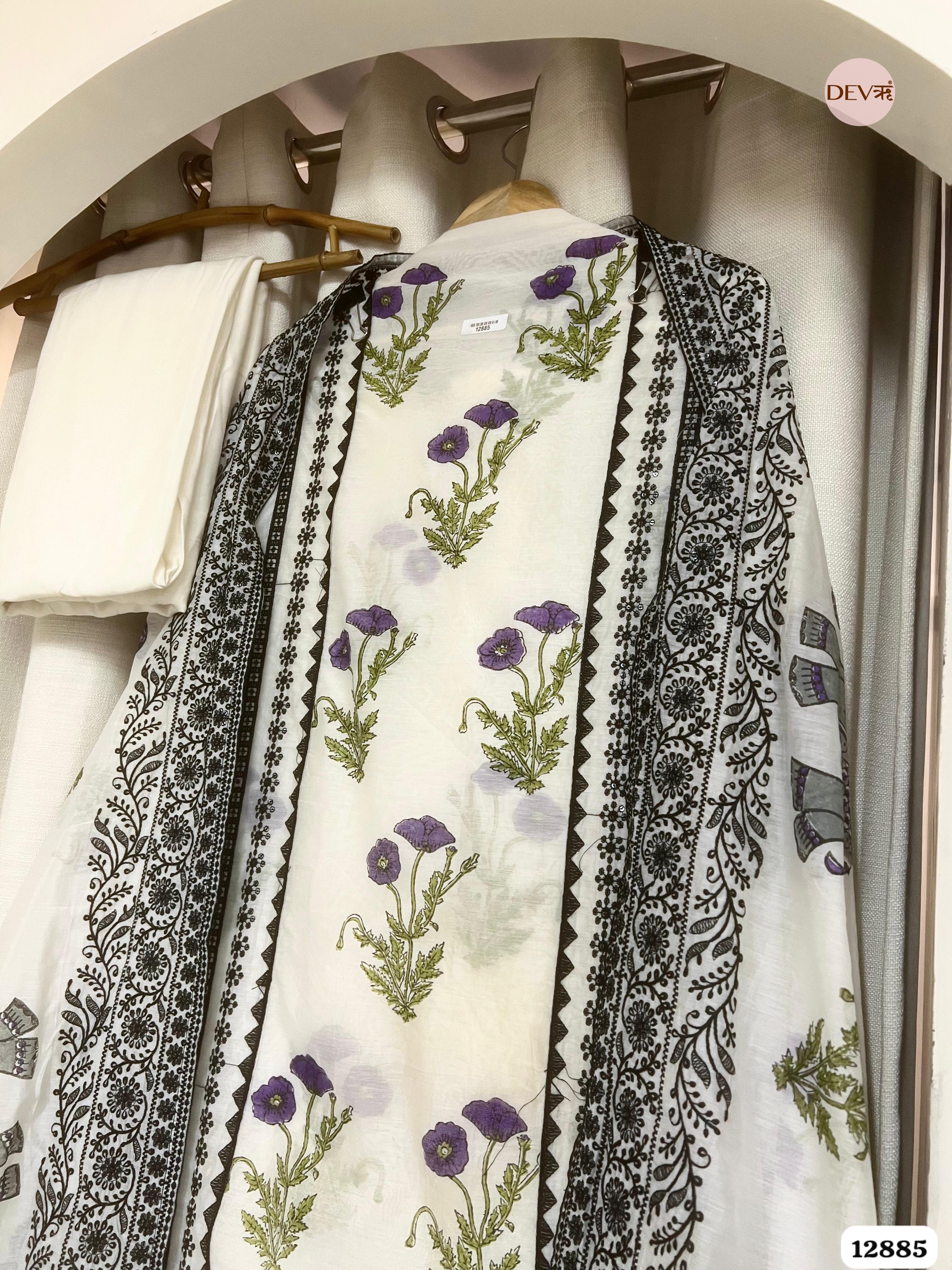 White Mul Chanderi Printed Unstitched 3-Piece Suit (Devri – D.No 12885)
