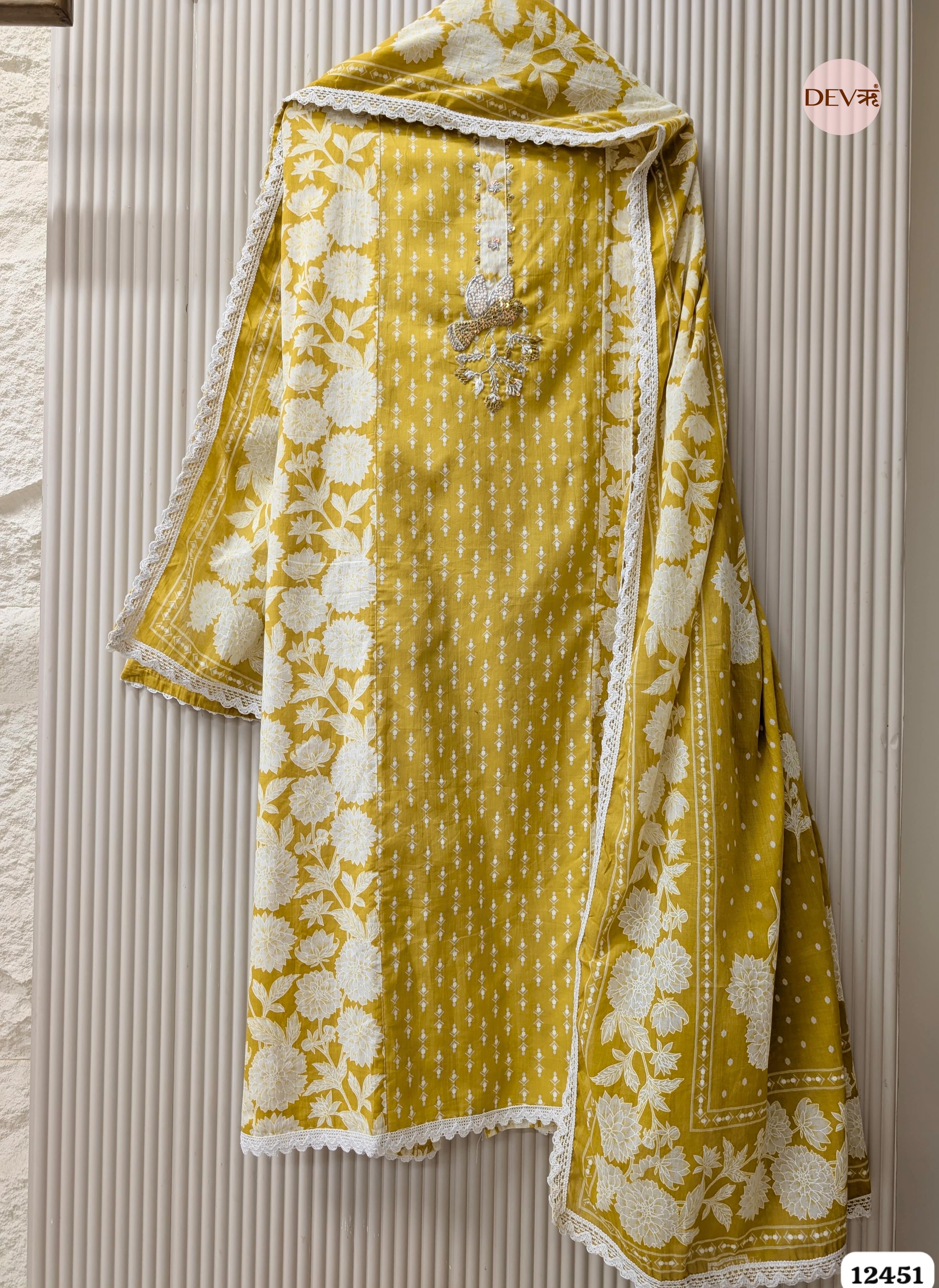 Mustard Yellow Pure Cotton Printed & Embroidered Unstitched 3-Piece Suit (Devri – D.No 12451)