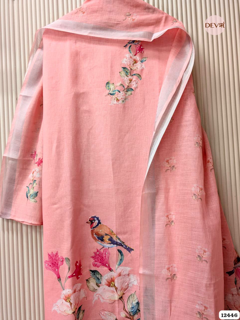 Peach Linen cotton Printed Unstitched 3-Piece Suit (Devri – D.No. 12446)