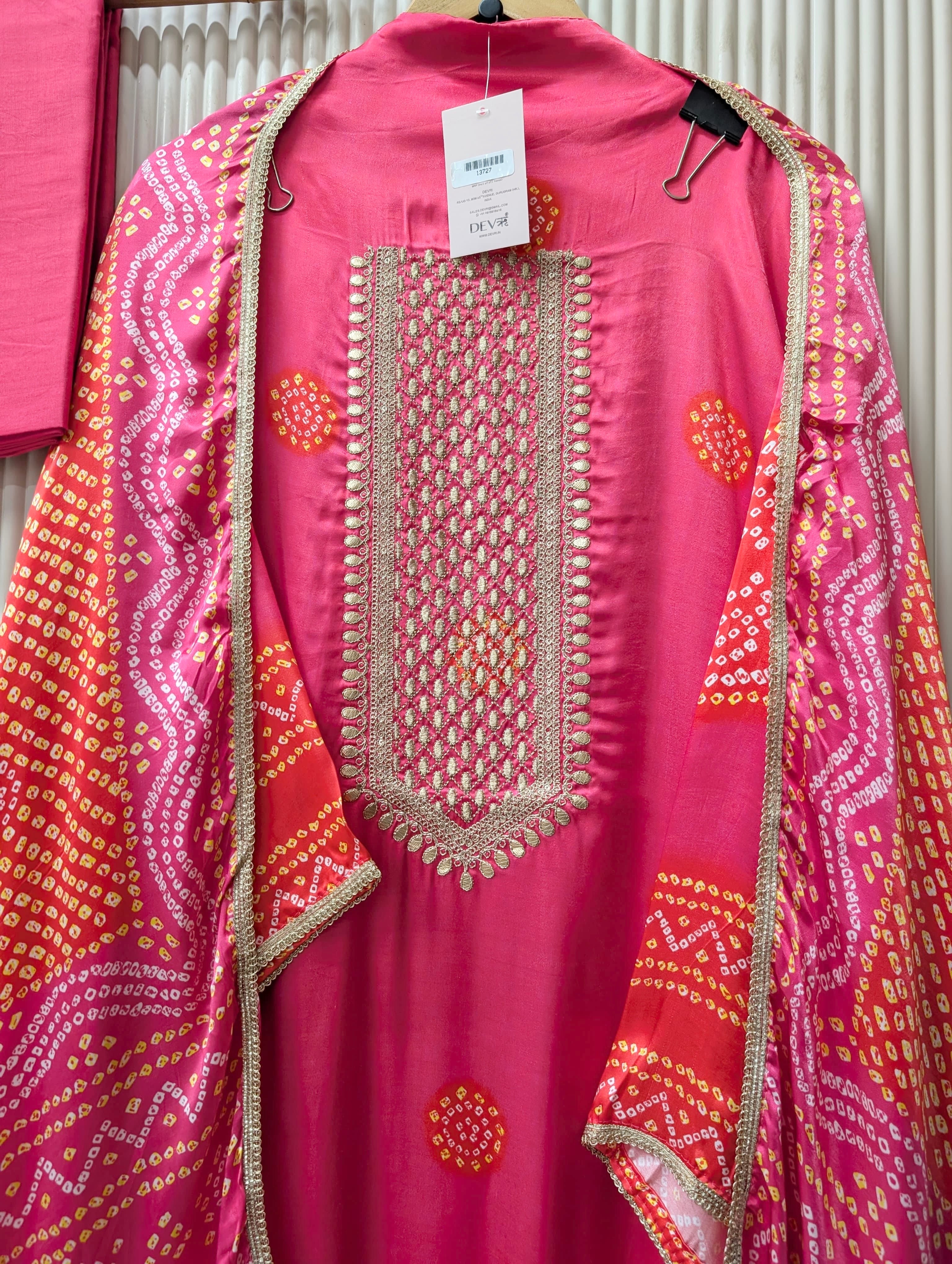 Pink Gajji Silk Printed Unstitched 3-Piece Suit (Devri – D.No 13727)
