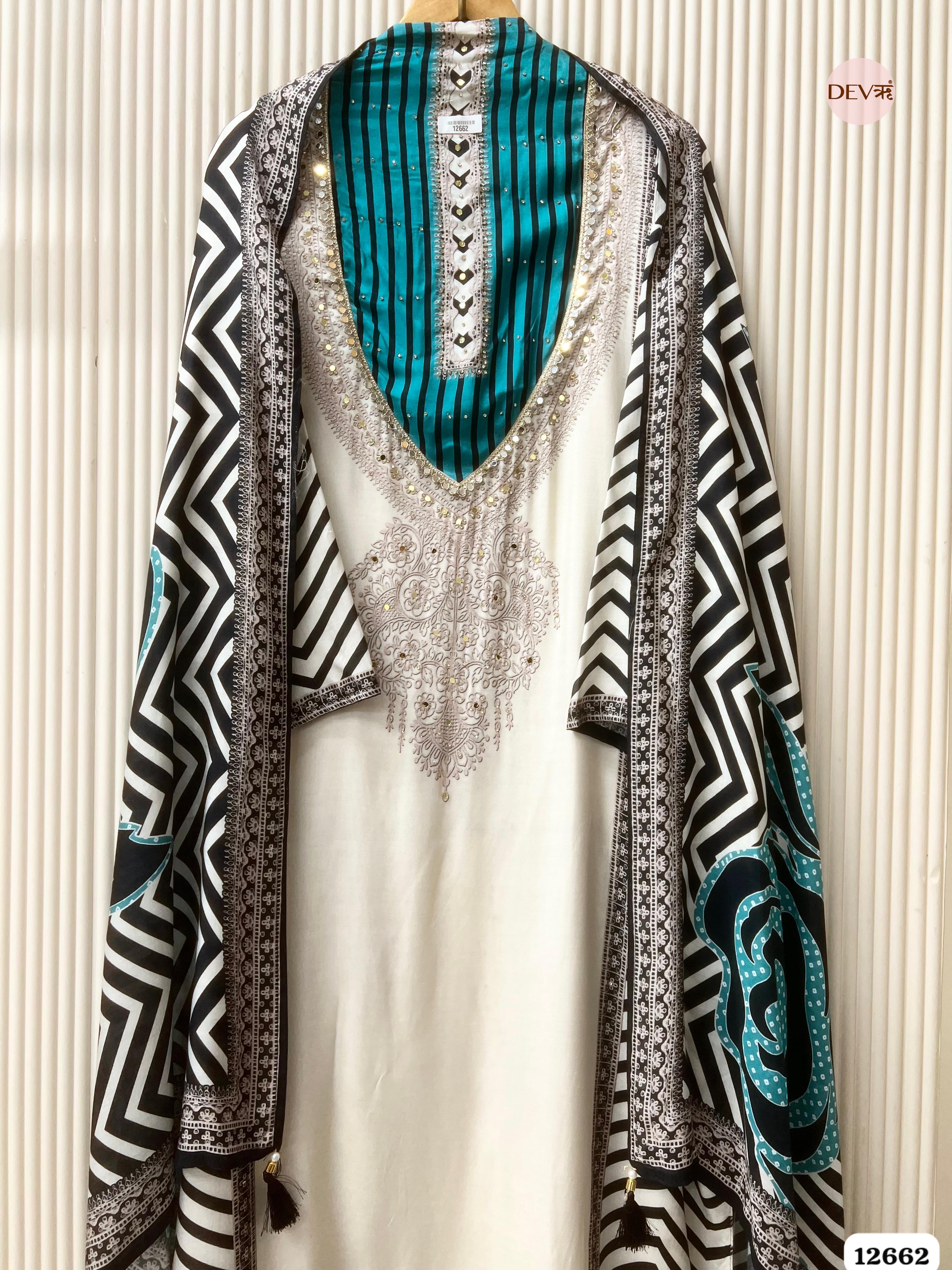 Ivory & Teal Muslin Printed Unstitched 3-Piece Suit (Devri – D.No . 12662)