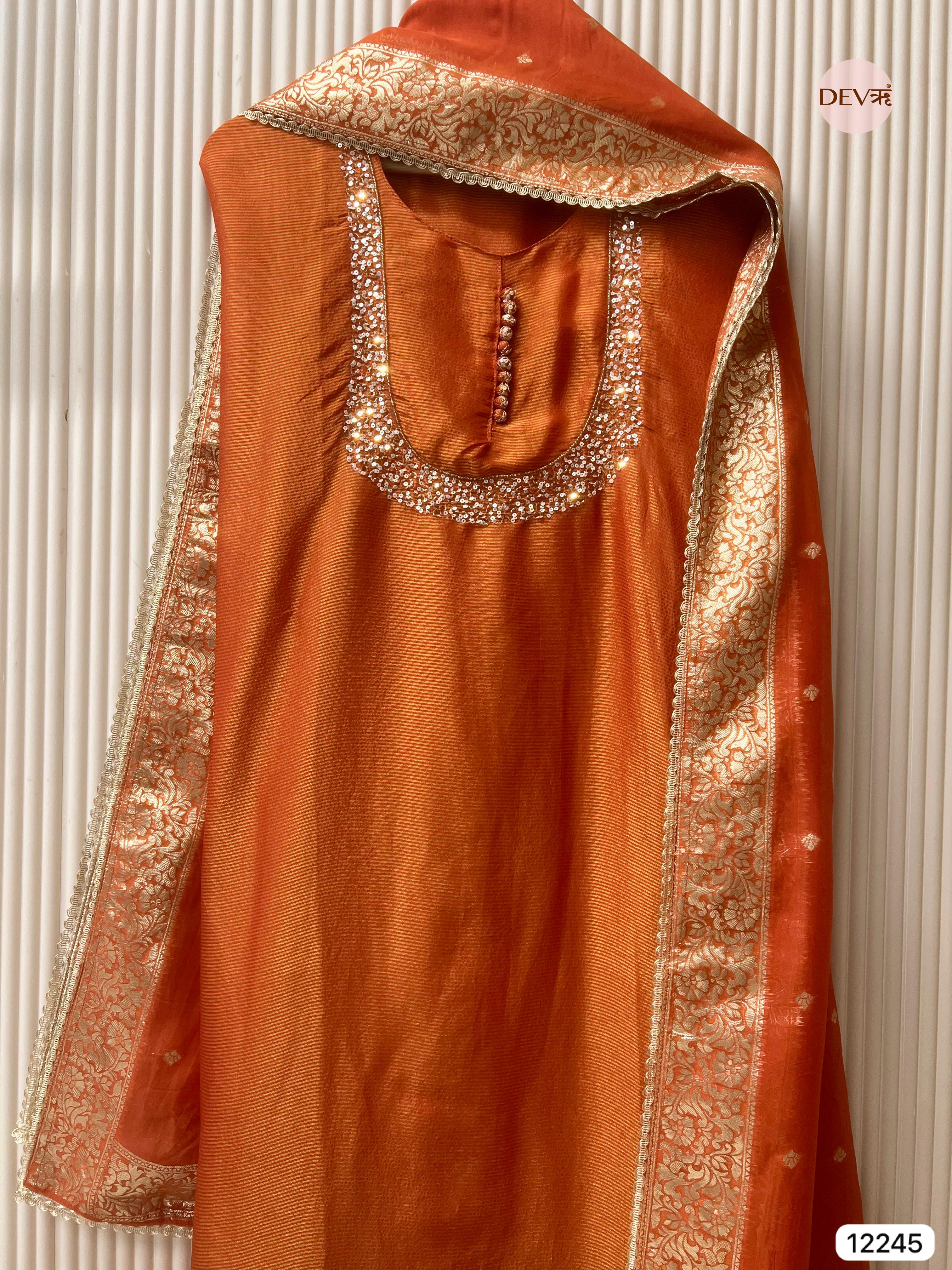Rust Tissue Shimmer Silk Embroidered Unstitched 3-Piece Suit (Devri – D.No 12245)