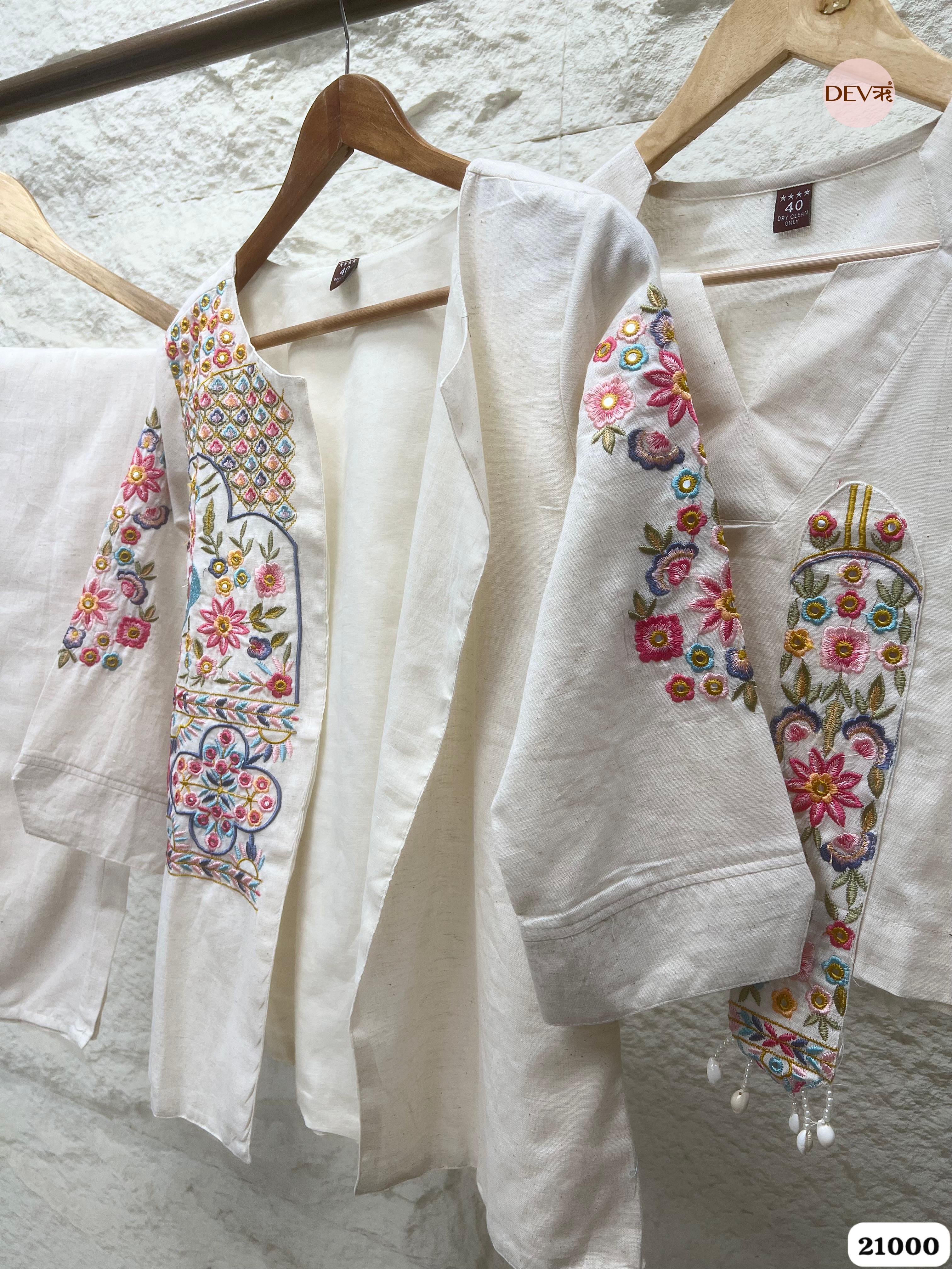 Dharini Cotton Embroidered Ivory 3-Piece Co-ord Set (Devri – D.No 21000)