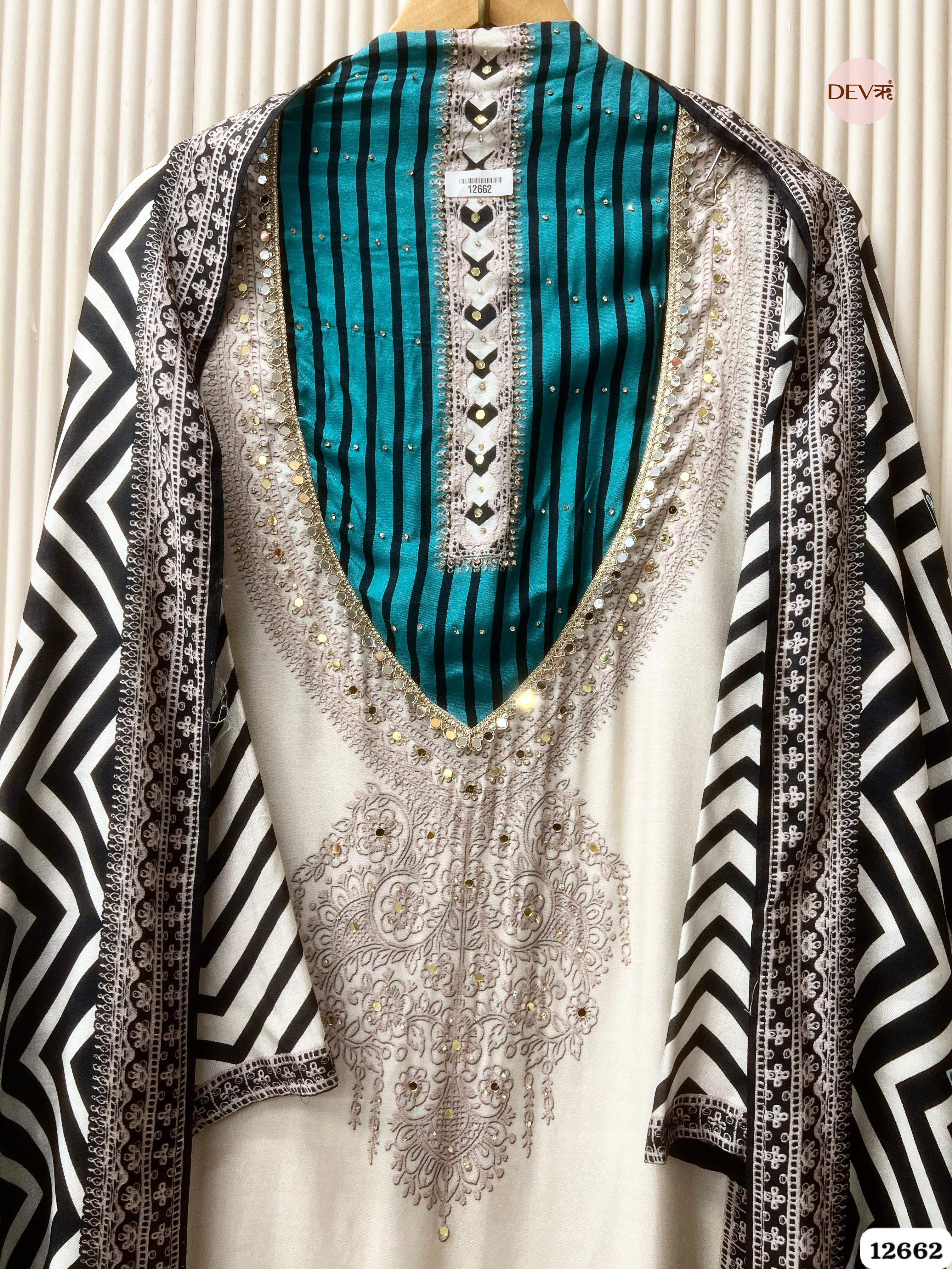 Ivory & Teal Muslin Printed Unstitched 3-Piece Suit (Devri – D.No . 12662)