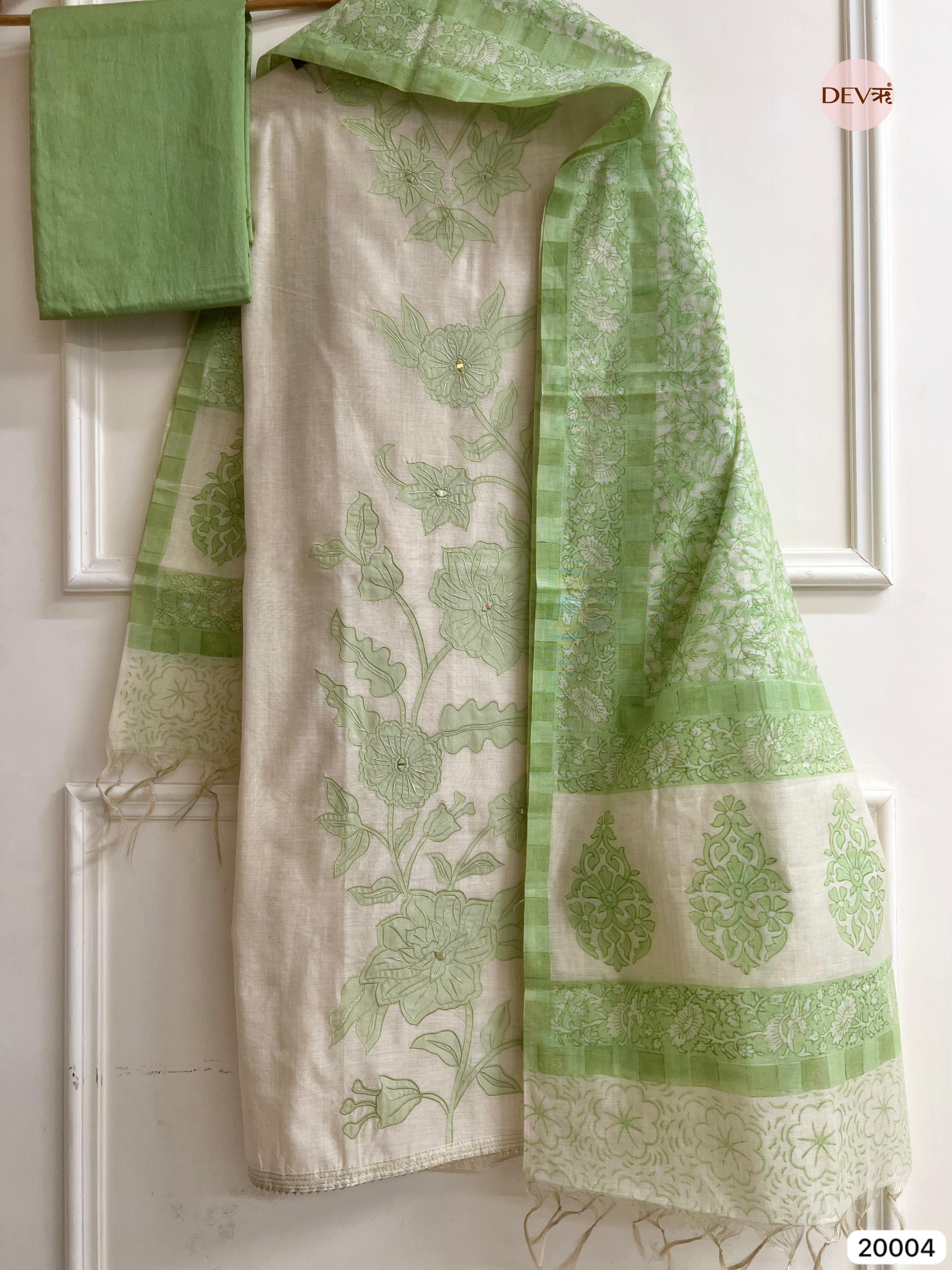 Green Pure Linen Cotton Embroidered Unstitched 3-Piece Suit (Devri – D.No 20004)