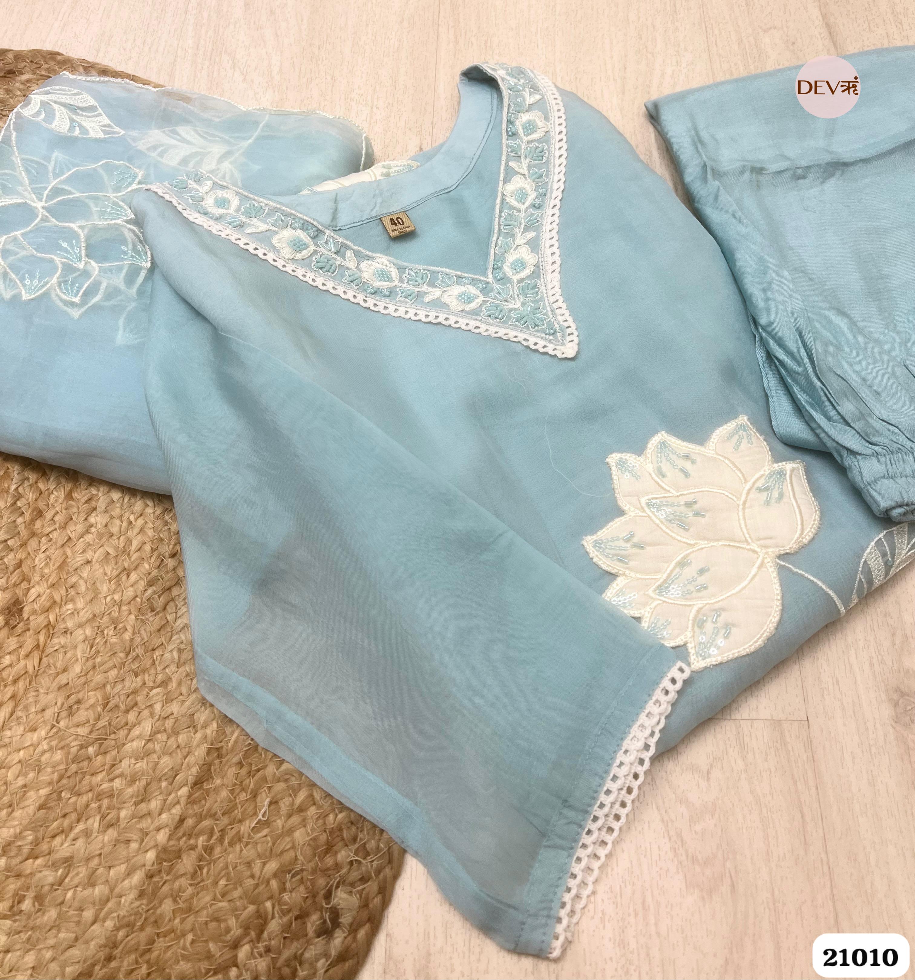 Vanya Organza Embroidered Sky Blue 3-Piece Set (Devri – D.No 21010)
