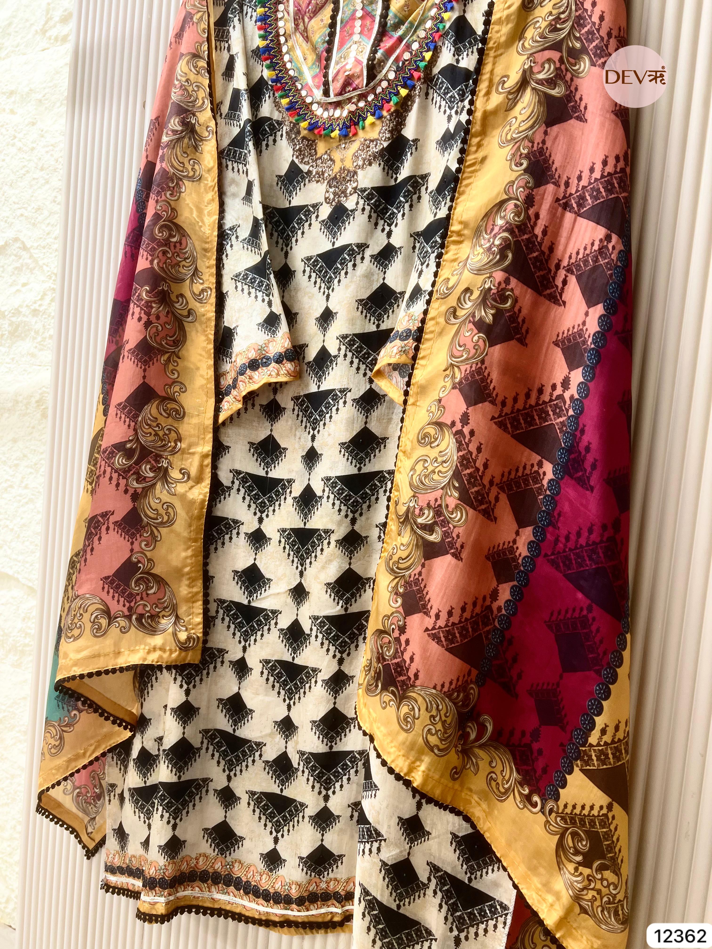 Ivory Multicolour Organza Silk Printed Unstitched 3-Piece Suit (Devri – D.No 12362)