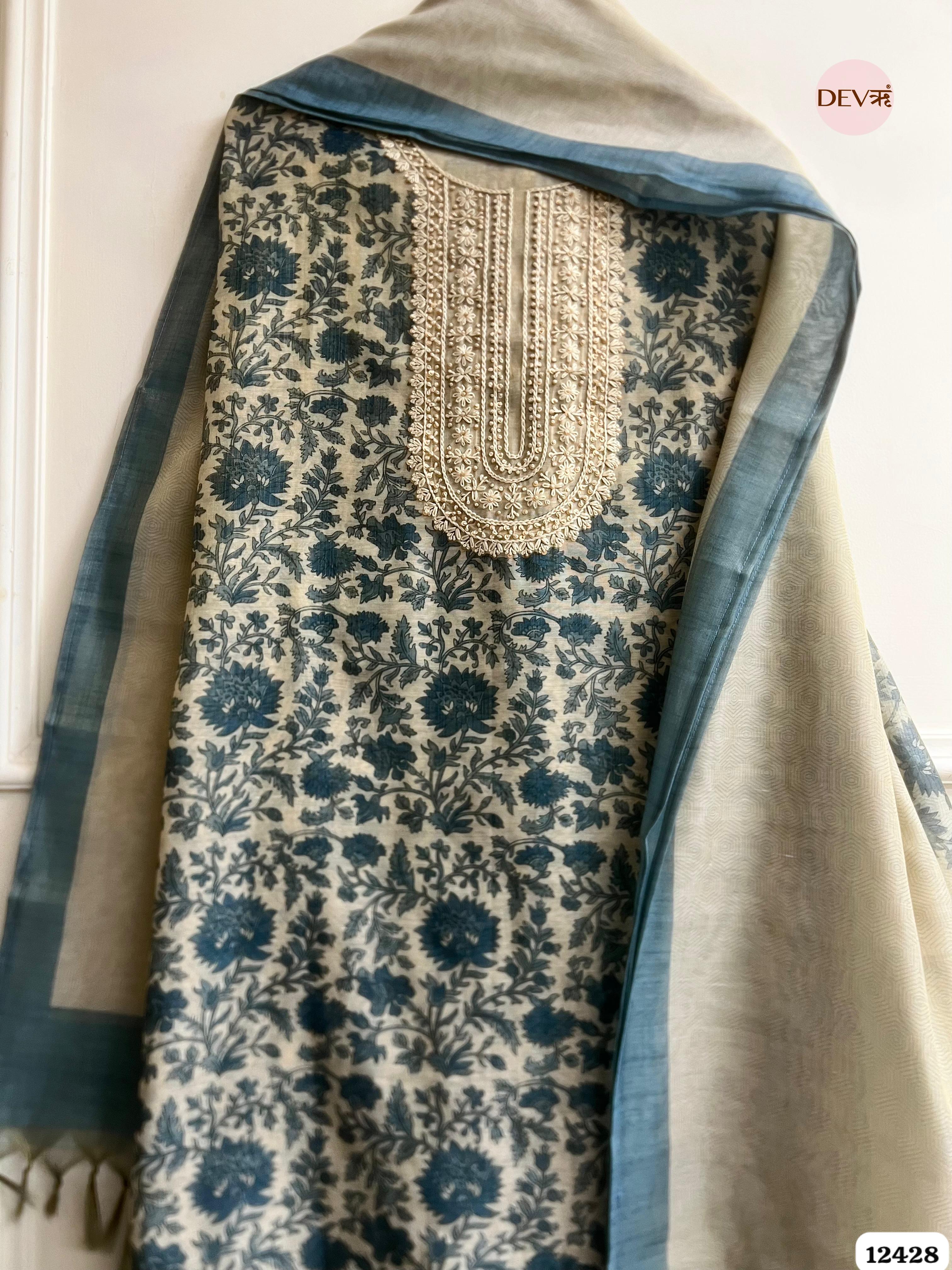 Ivory Blue Pure Linen Tissue Printed Unstitched 3-Piece Suit (Devri – D.No. 12428)