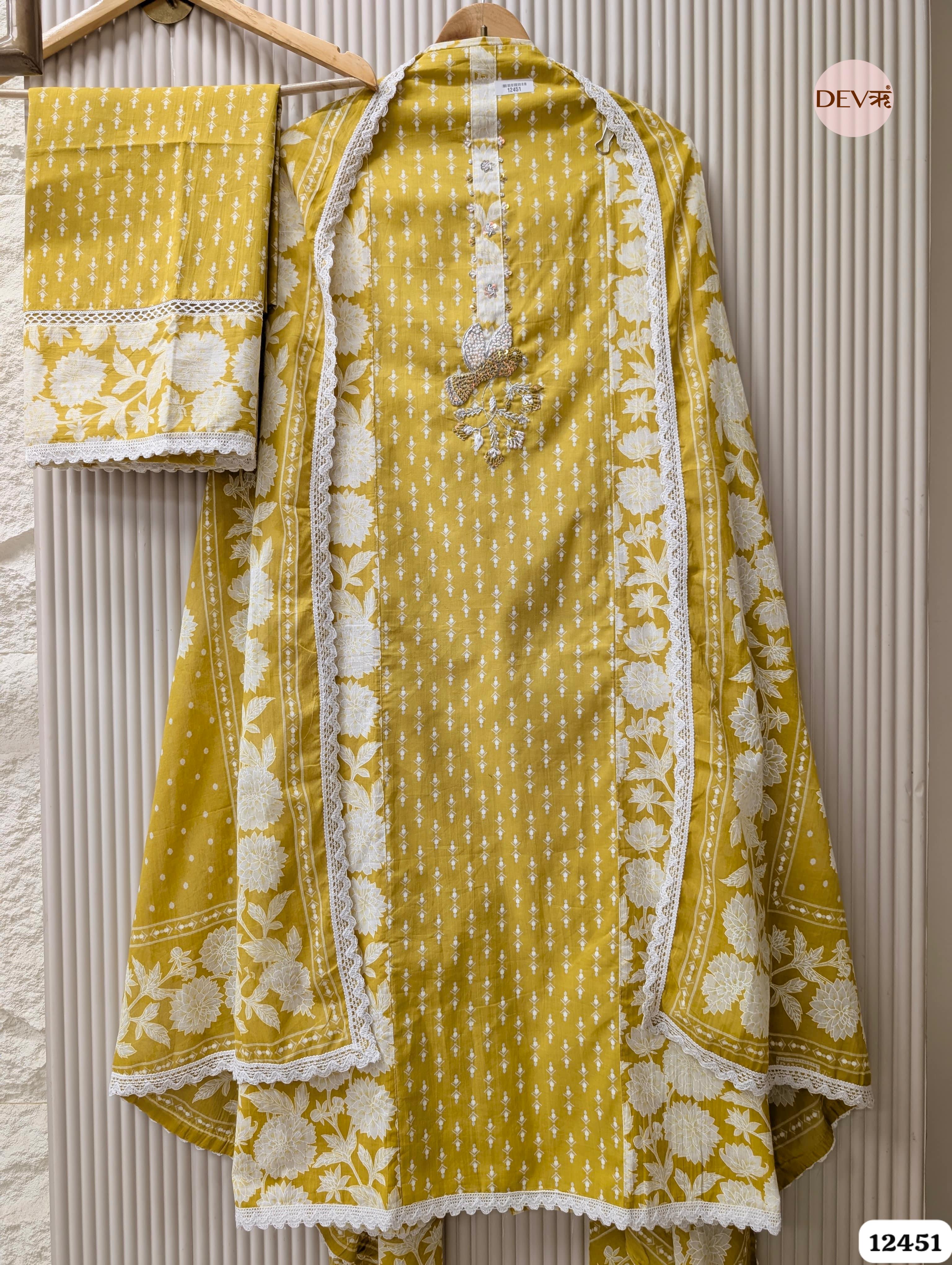 Mustard Yellow Pure Cotton Printed & Embroidered Unstitched 3-Piece Suit (Devri – D.No 12451)