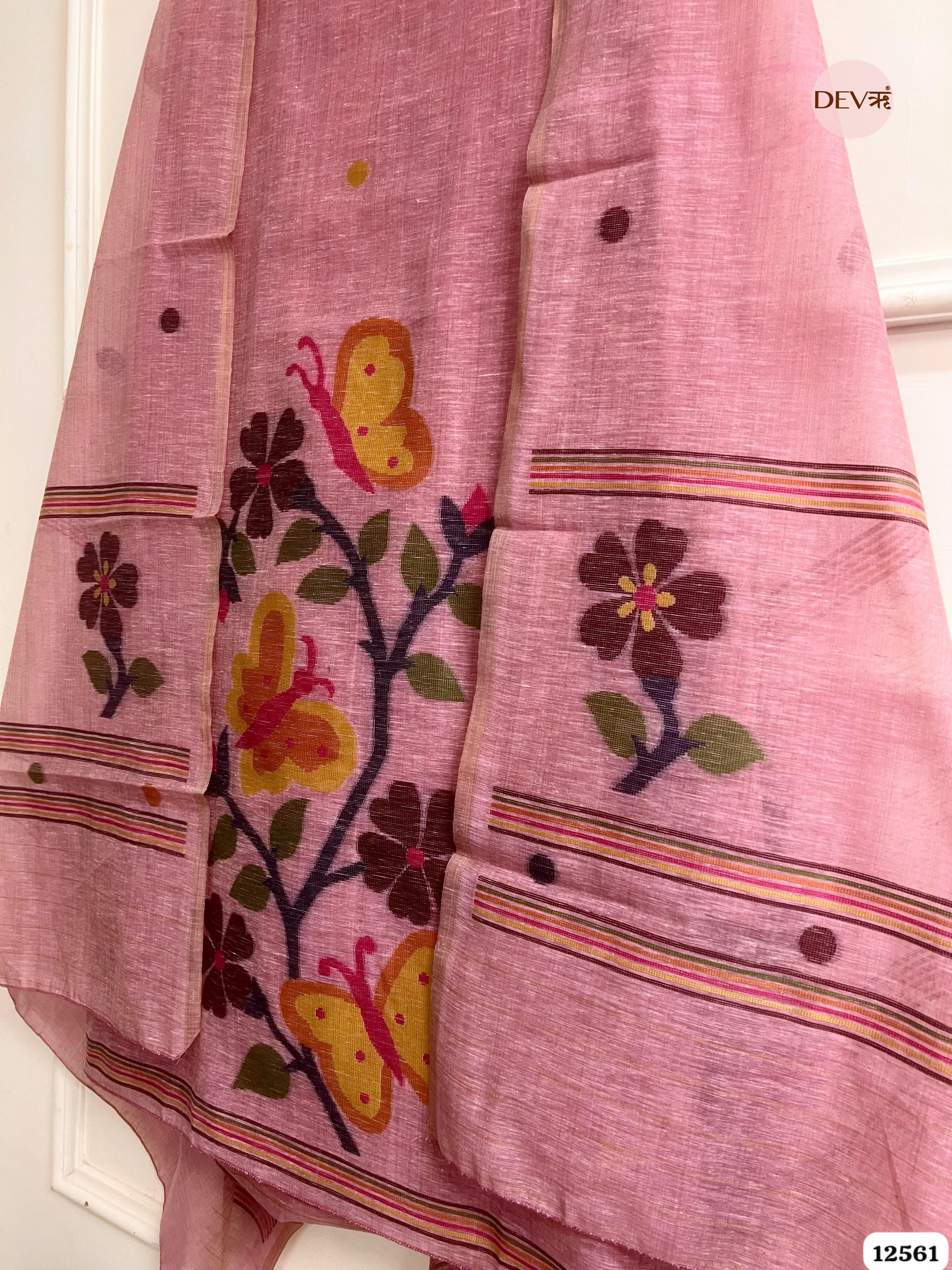 Pink Linen Printed Unstitched 3-Piece Suit (Devri – D.No 12561)