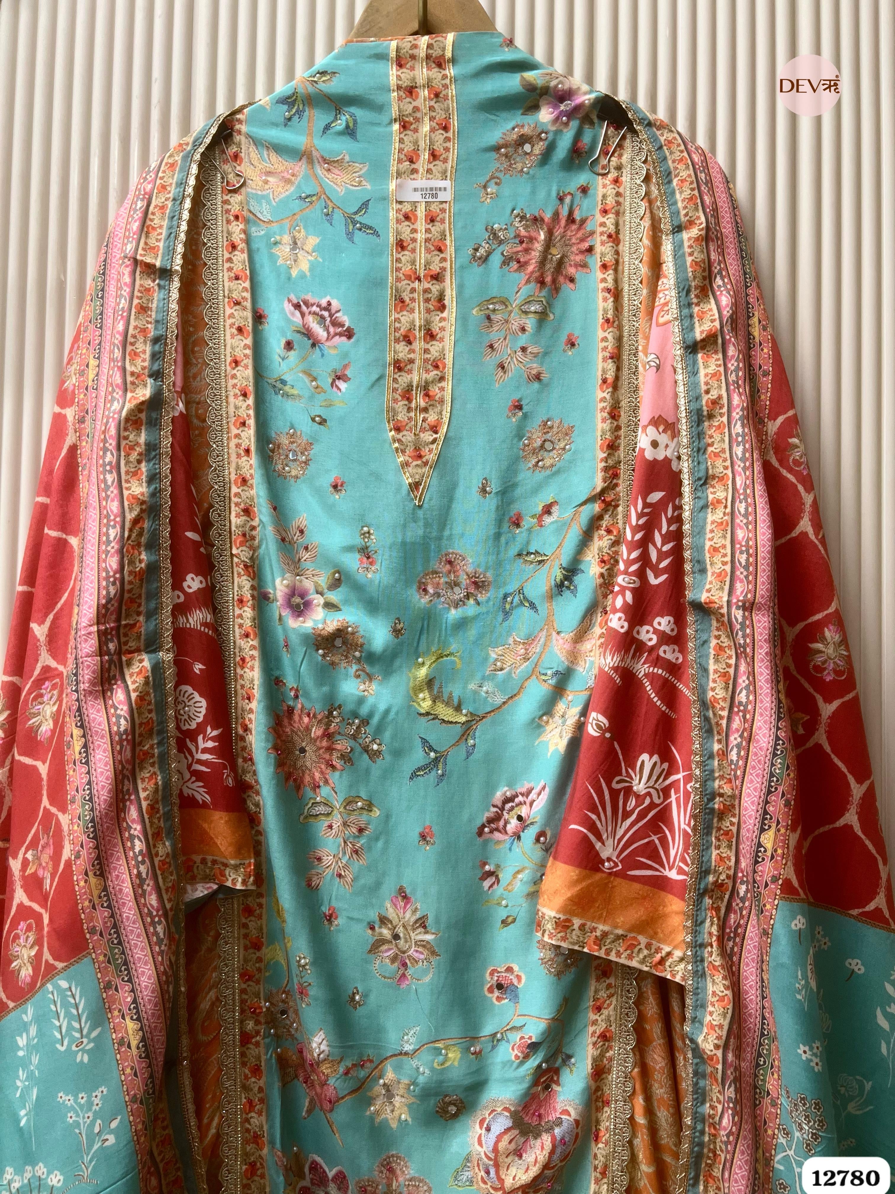Aqua Muslin Printed Unstitched 3-Piece Suit (Devri – D.No 12780)