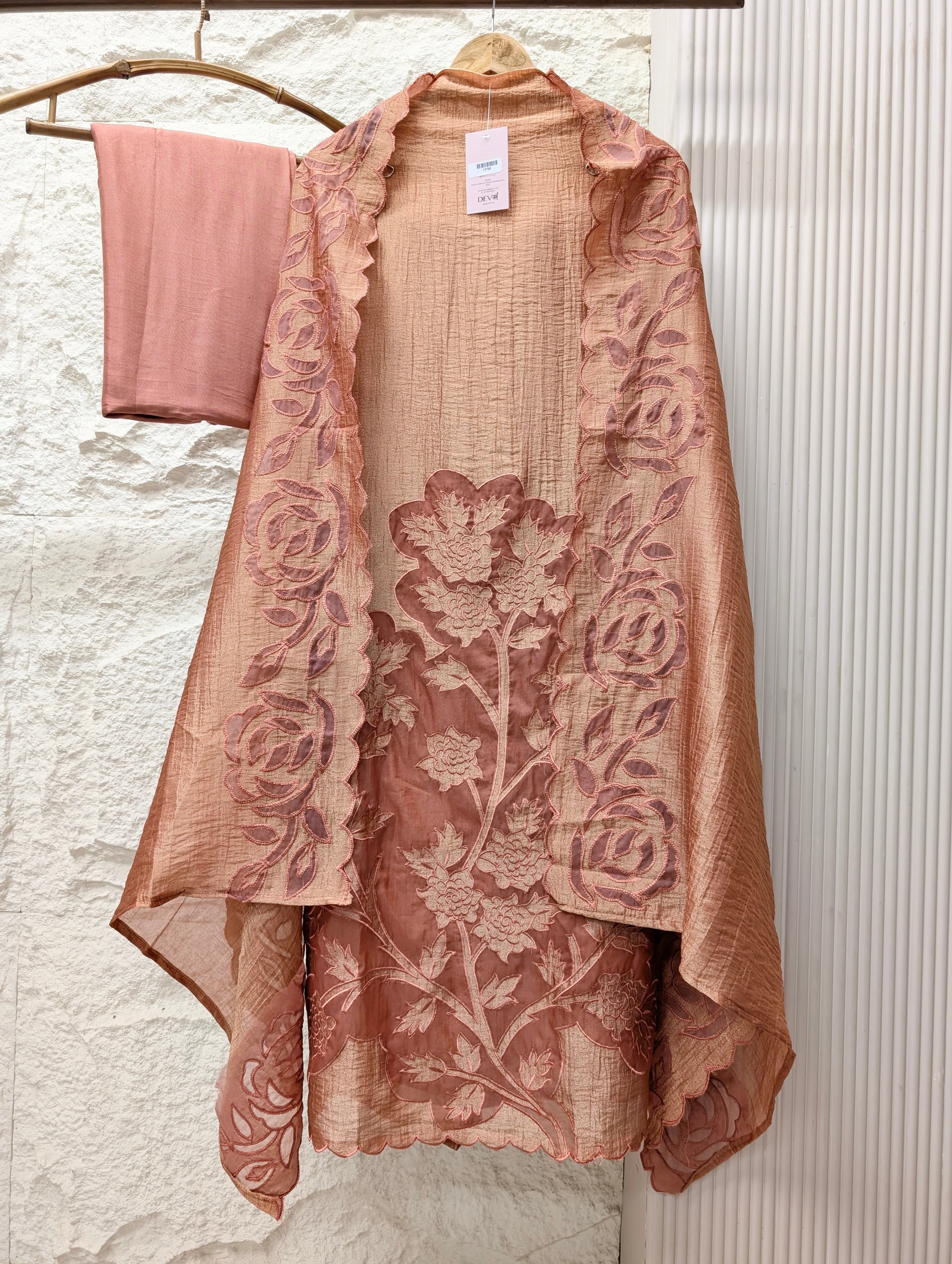 Peach Tissue Crush Silk Embroidered Unstitched 3-Piece Suit (Devri – D.No 13746)