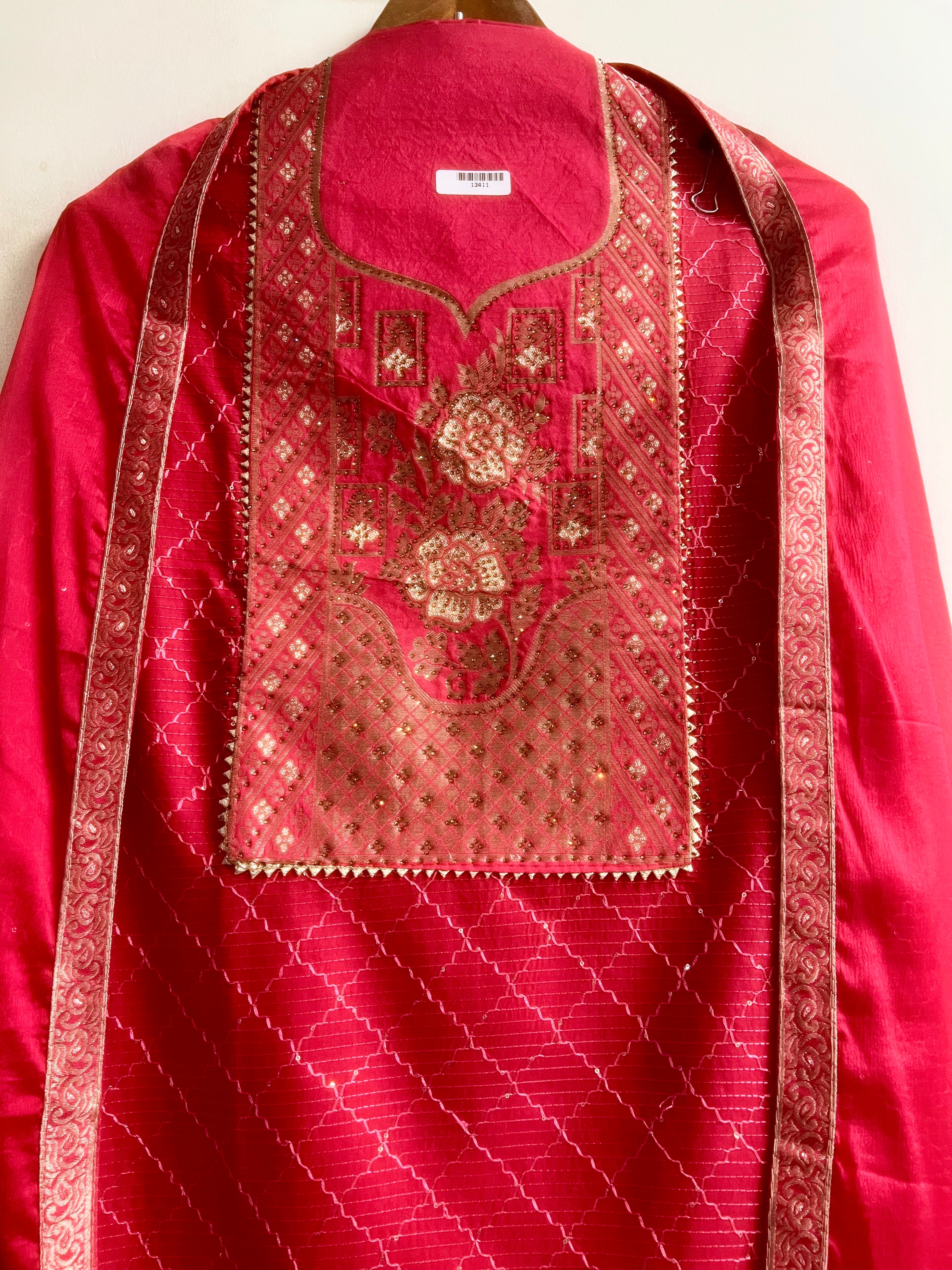 Pink Silk Blend Embroidered Unstitched 3-Piece Suit (Devri – D.No 13411)