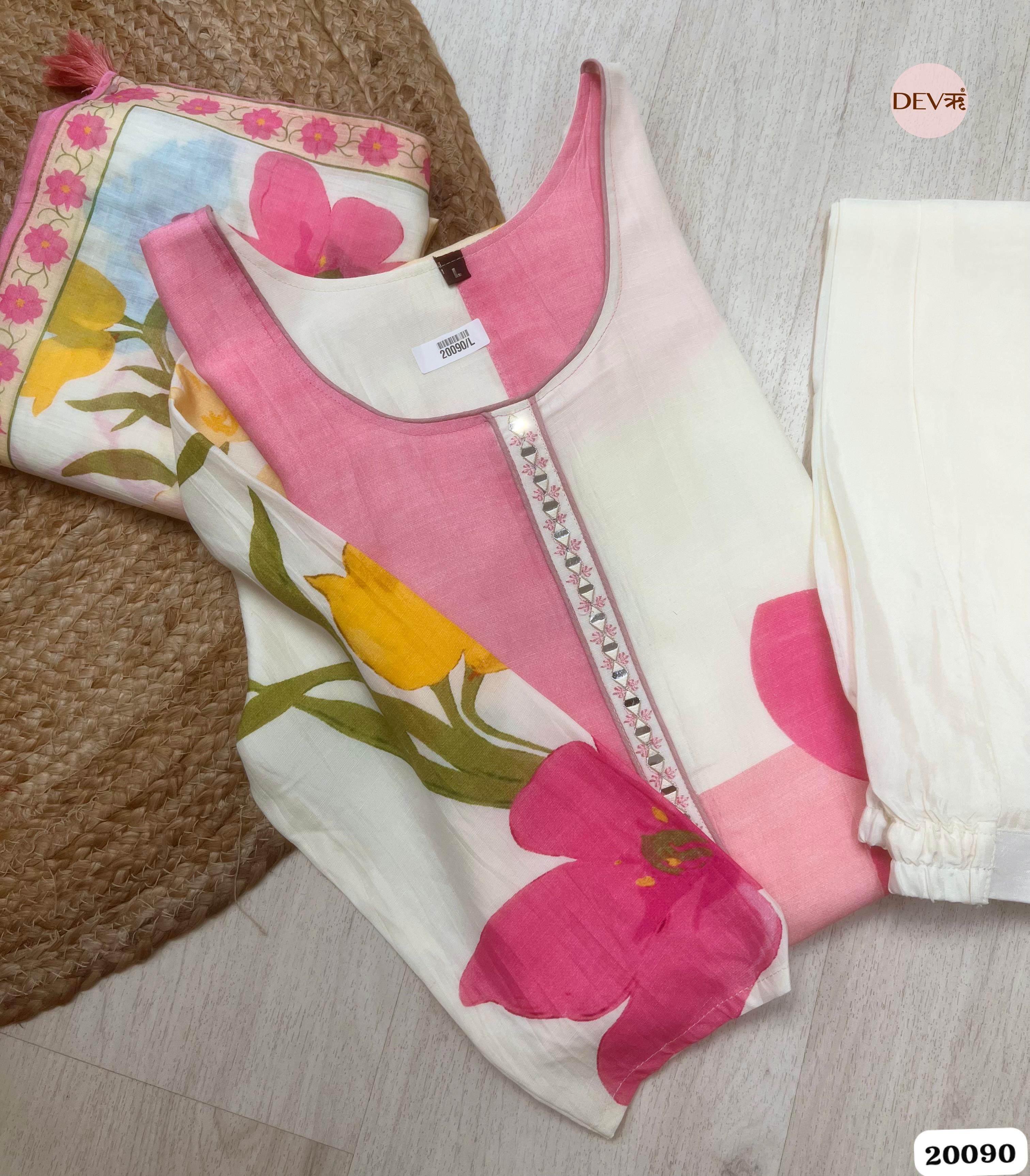 Jivika Pure Cotton Printed Pink & Ivory 3-Piece Set (Devri – D.No 20090)
