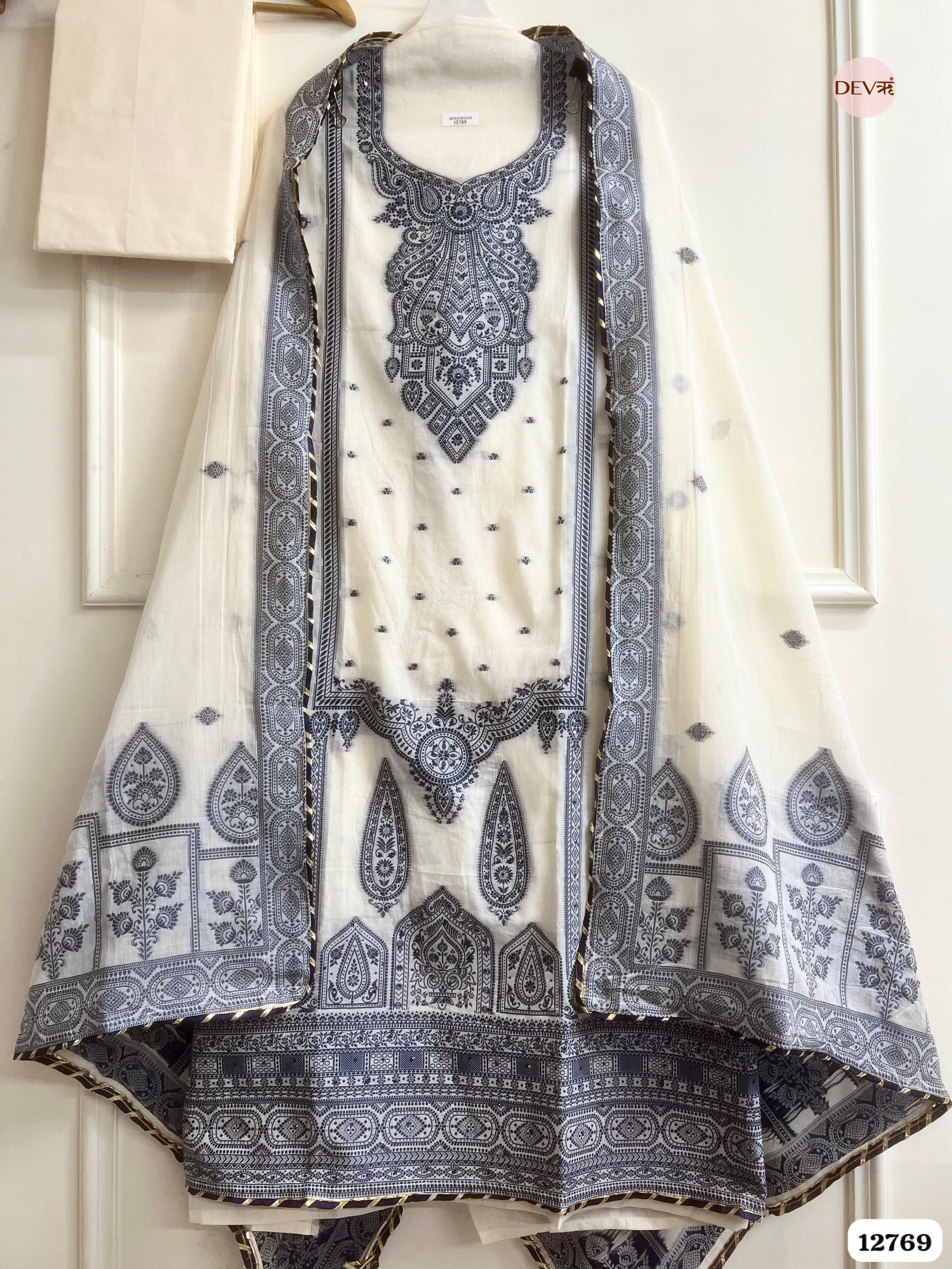 Off-White Jamdani Cotton Embroidered Unstitched 3-Piece Suit (Devri – D.No 12769)