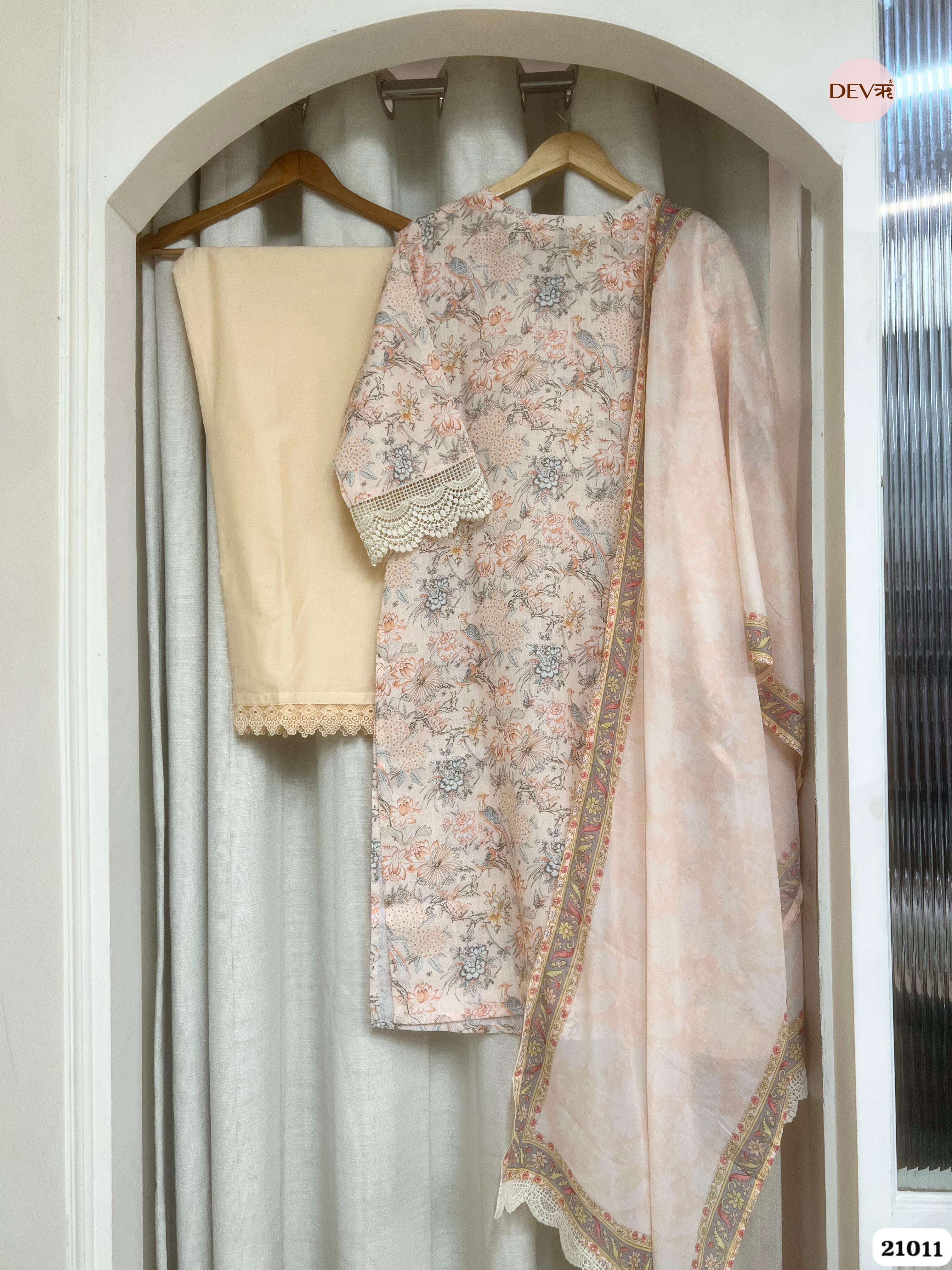 Vanya Pure Cotton Printed Peach 3-Piece Set (Devri – D.No 21011)