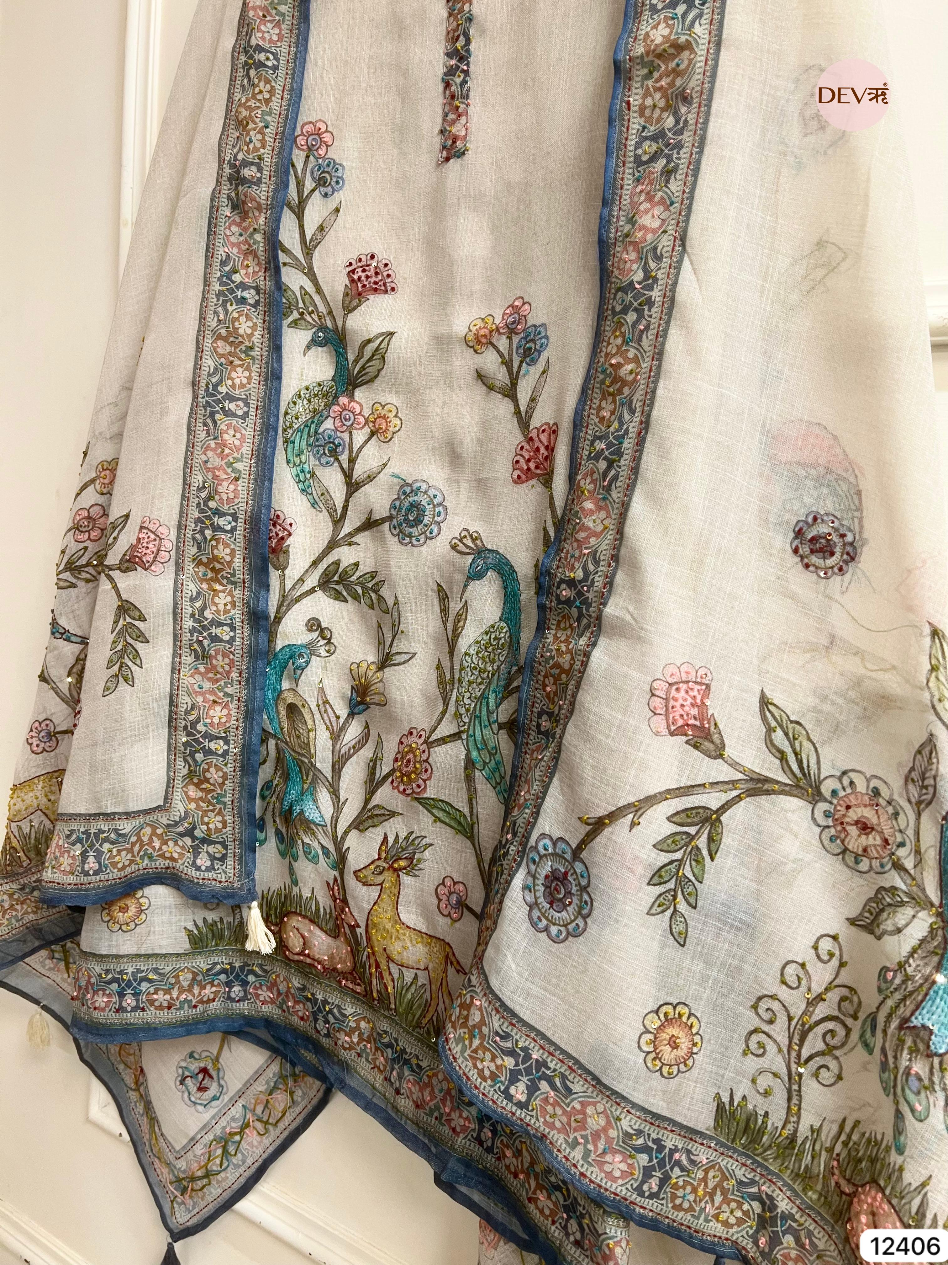 Beige Pure Linen Cotton Printed Unstitched 3-Piece Suit (Devri – D.No 12406)