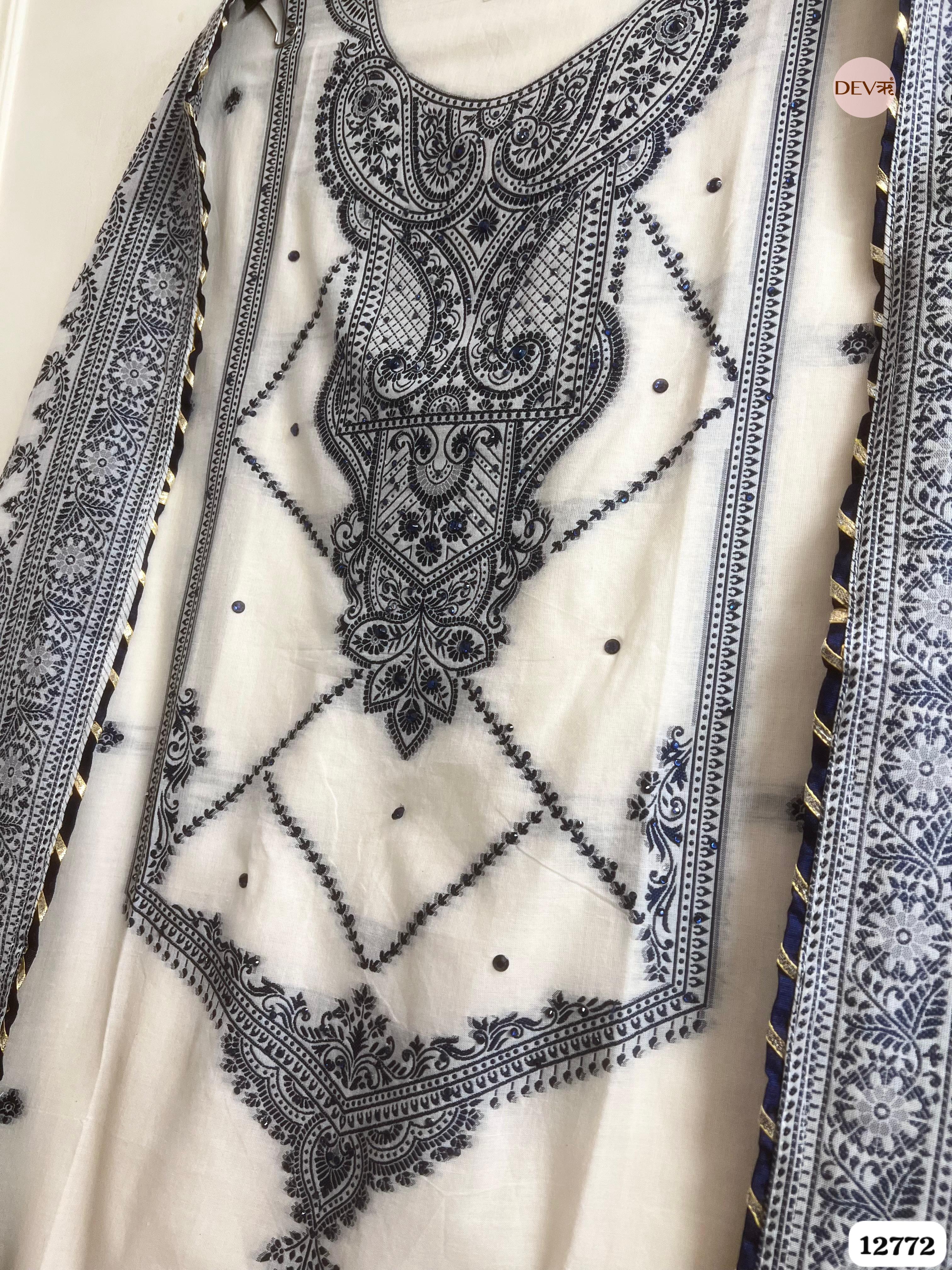 Off-White Jamdani Cotton Embroidered Unstitched 3-Piece Suit (Devri – D.No 12772)
