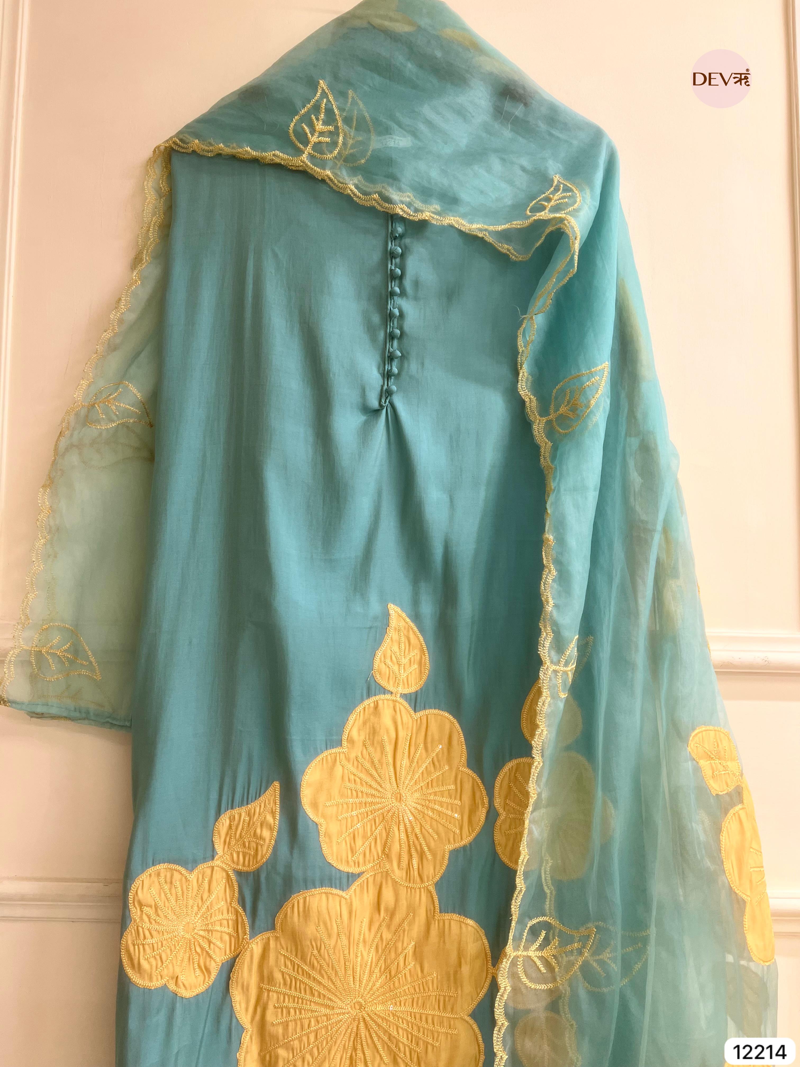 Teal Modal Silk Embroidered Unstitched 3-Piece Suit (Devri – D.No 12214)