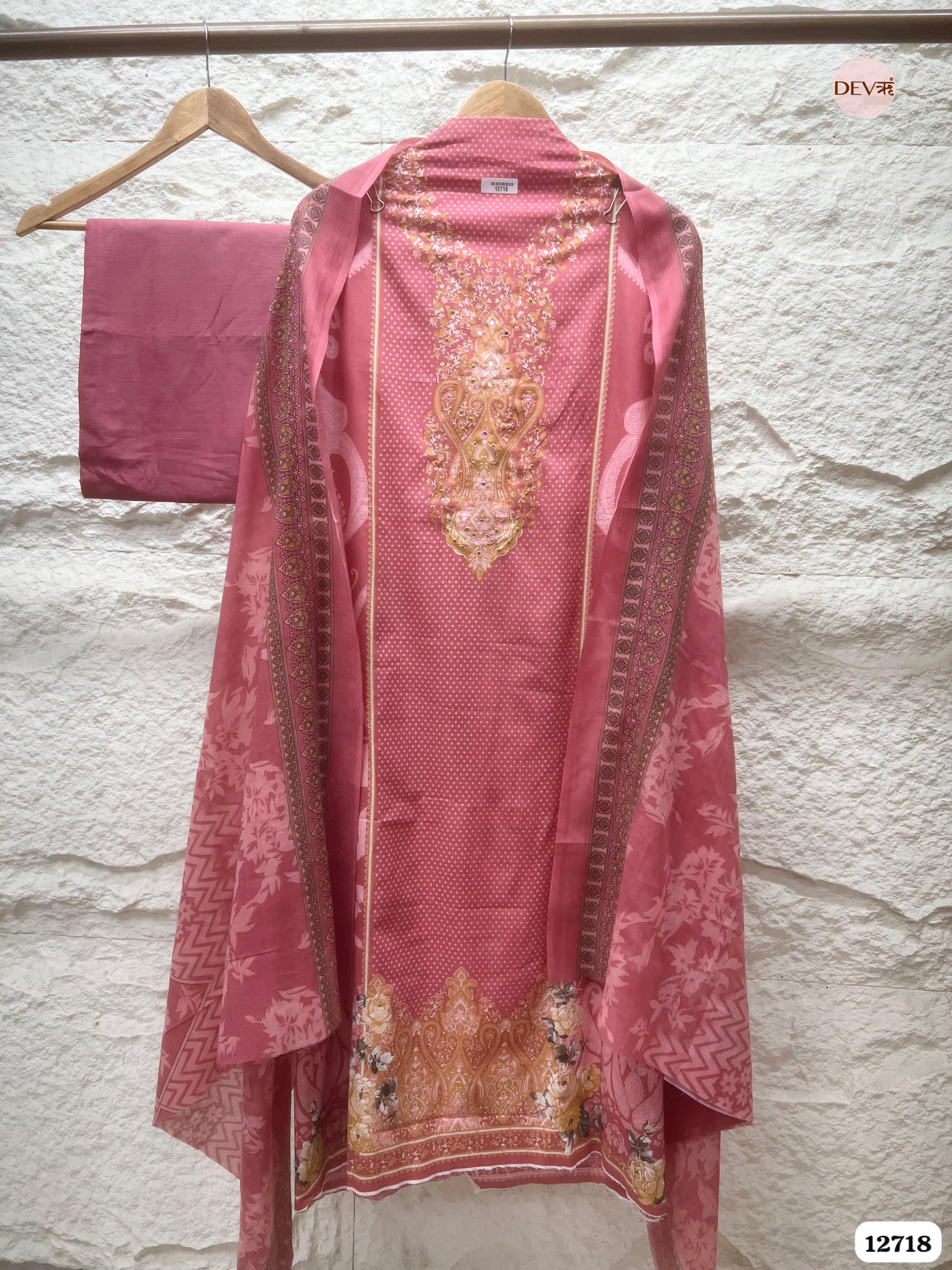 Pink Cotton Printed Unstitched 3-Piece Suit (Devri – D.No 12718)