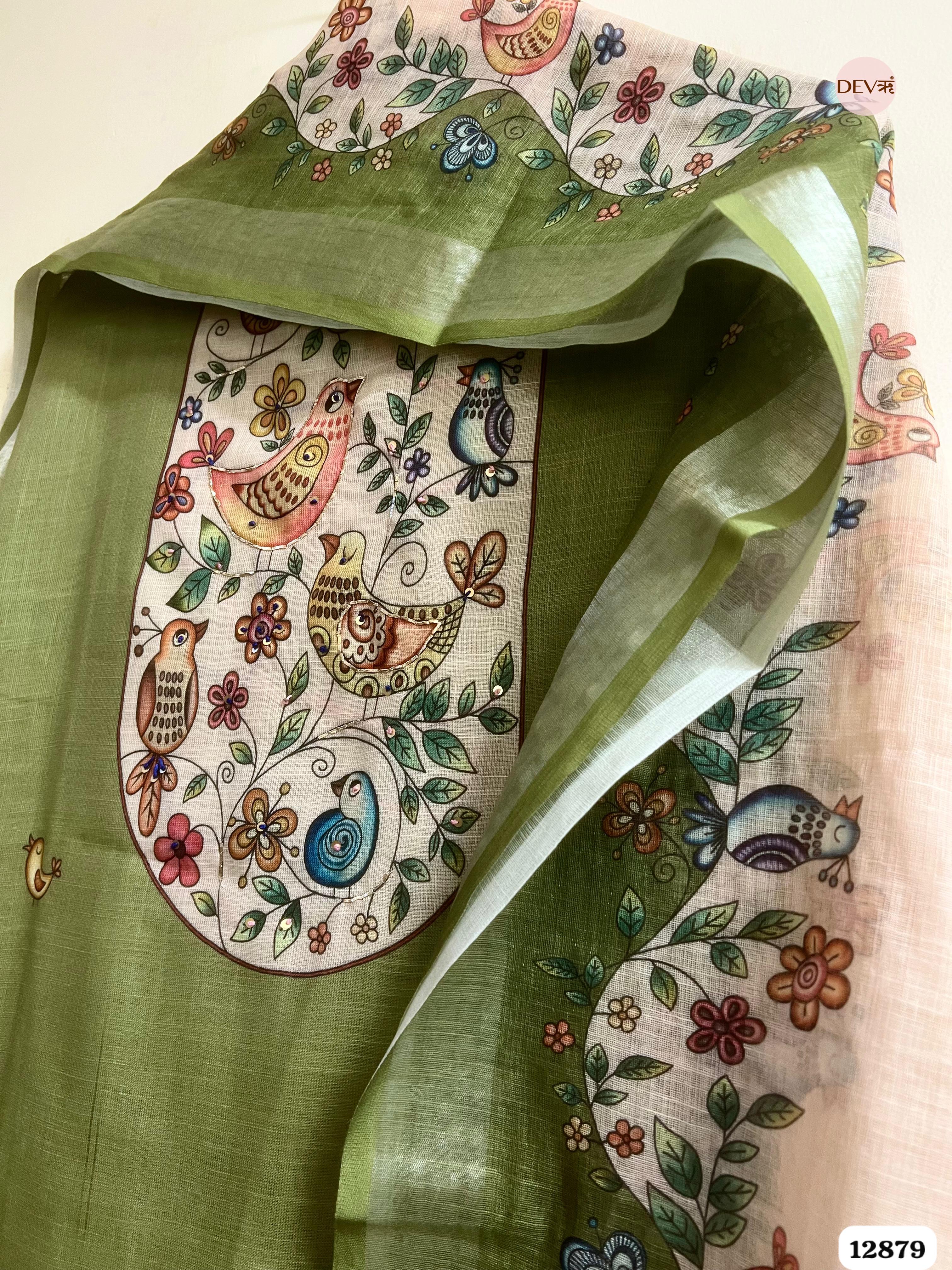 Olive Green Linen Cotton Printed Unstitched 3-Piece Suit (Devri – D.No 12879)