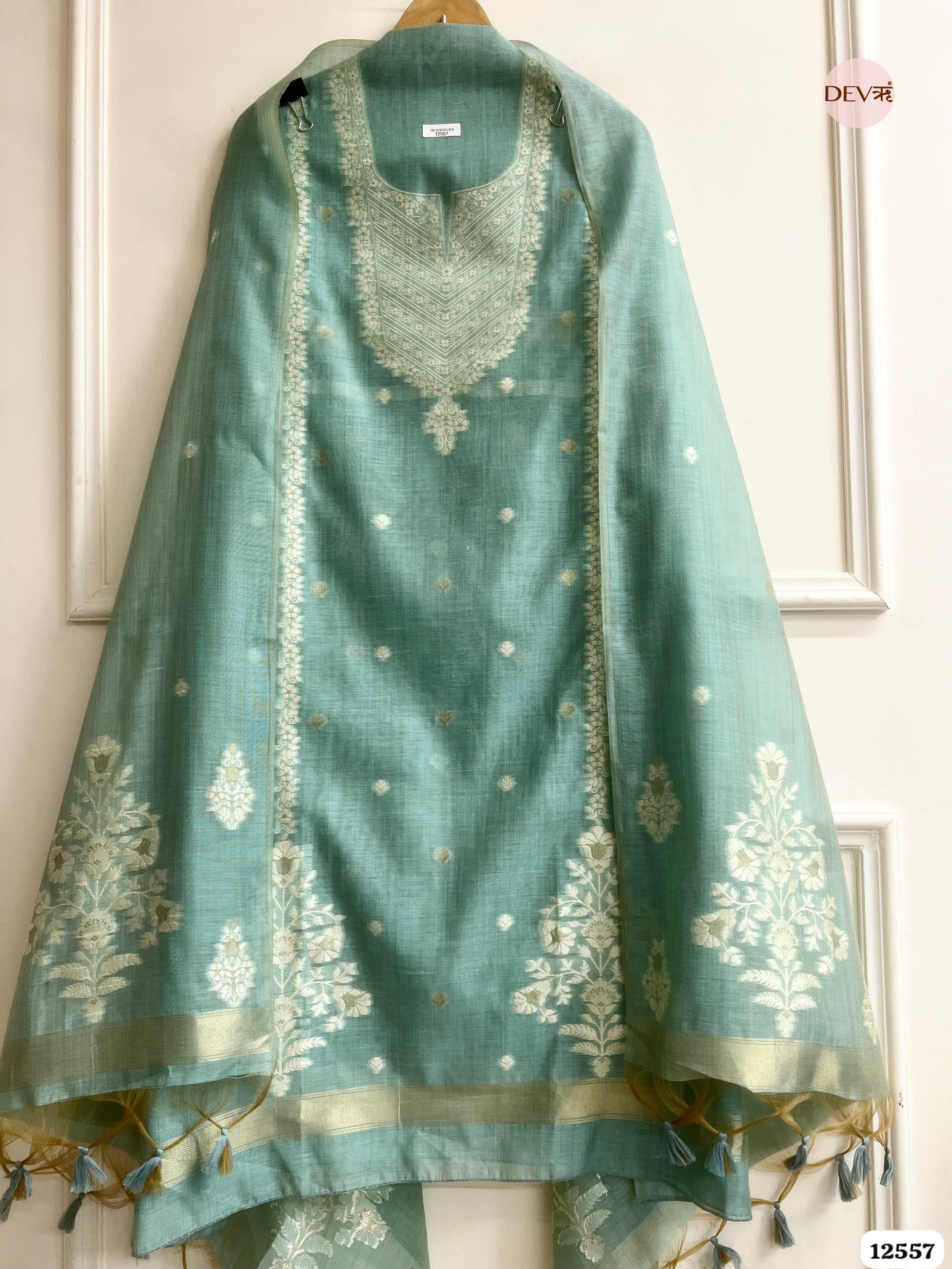 Sea Green Jamdani Embroidered Unstitched 3-Piece Suit (Devri – D.No 12557)