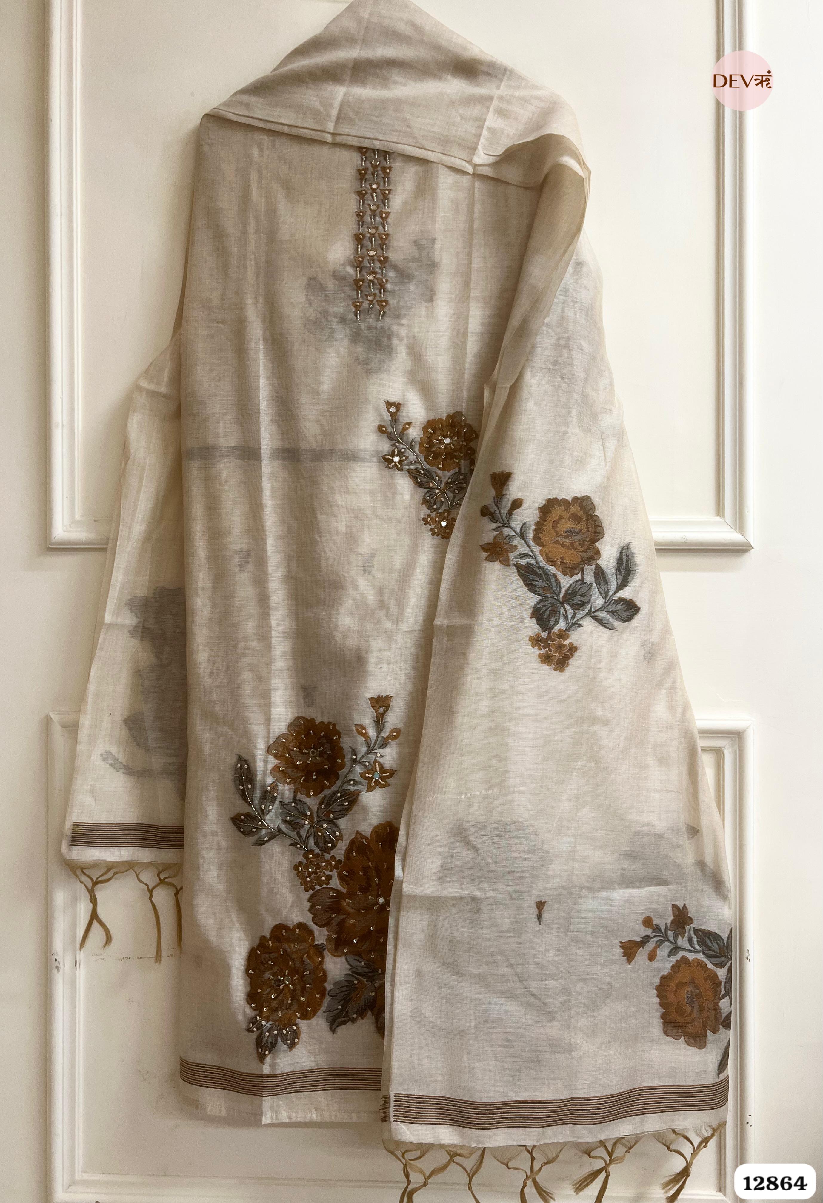 Ivory Mul Chanderi Embroidered Unstitched 3-Piece Suit (Devri – D.No 12864)