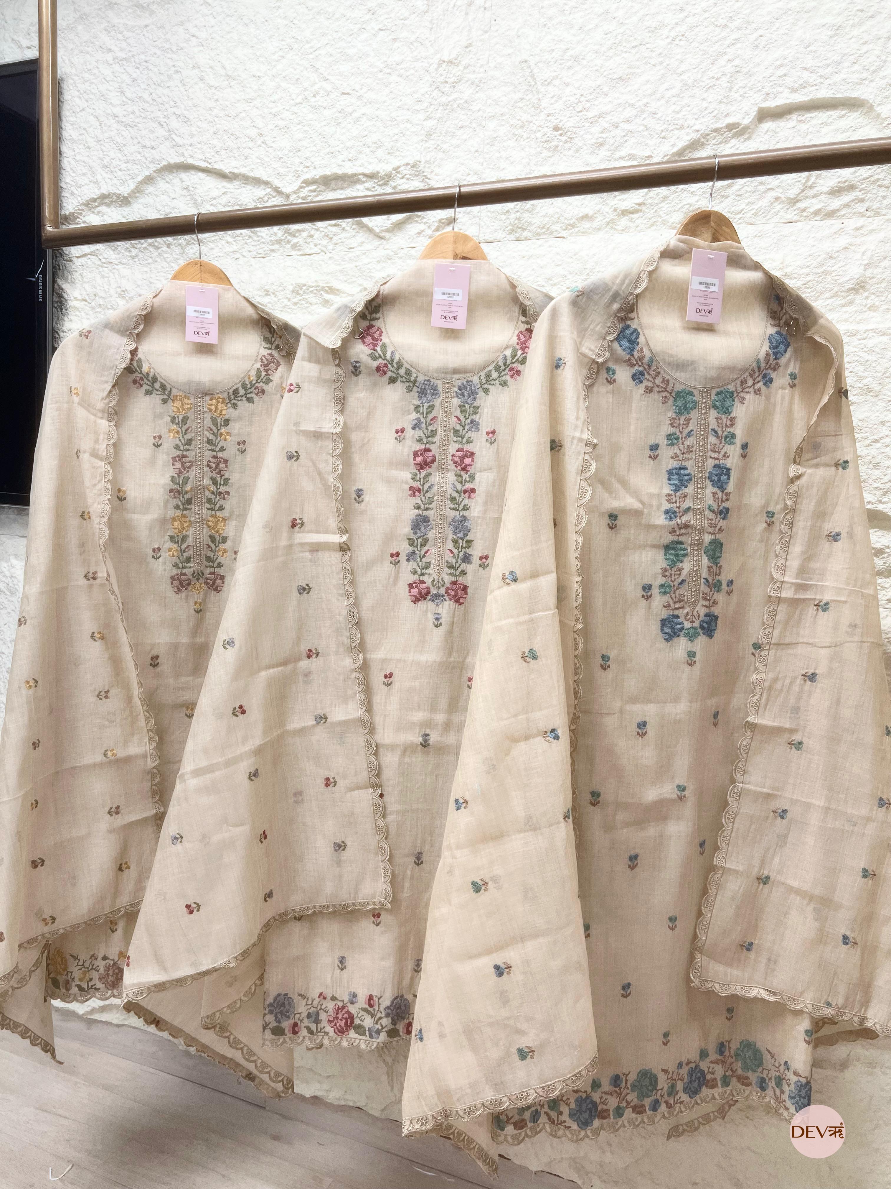 Beige Mul Chanderi Embroidered Unstitched 3-Piece Suit (Devri – D.No 12894)
