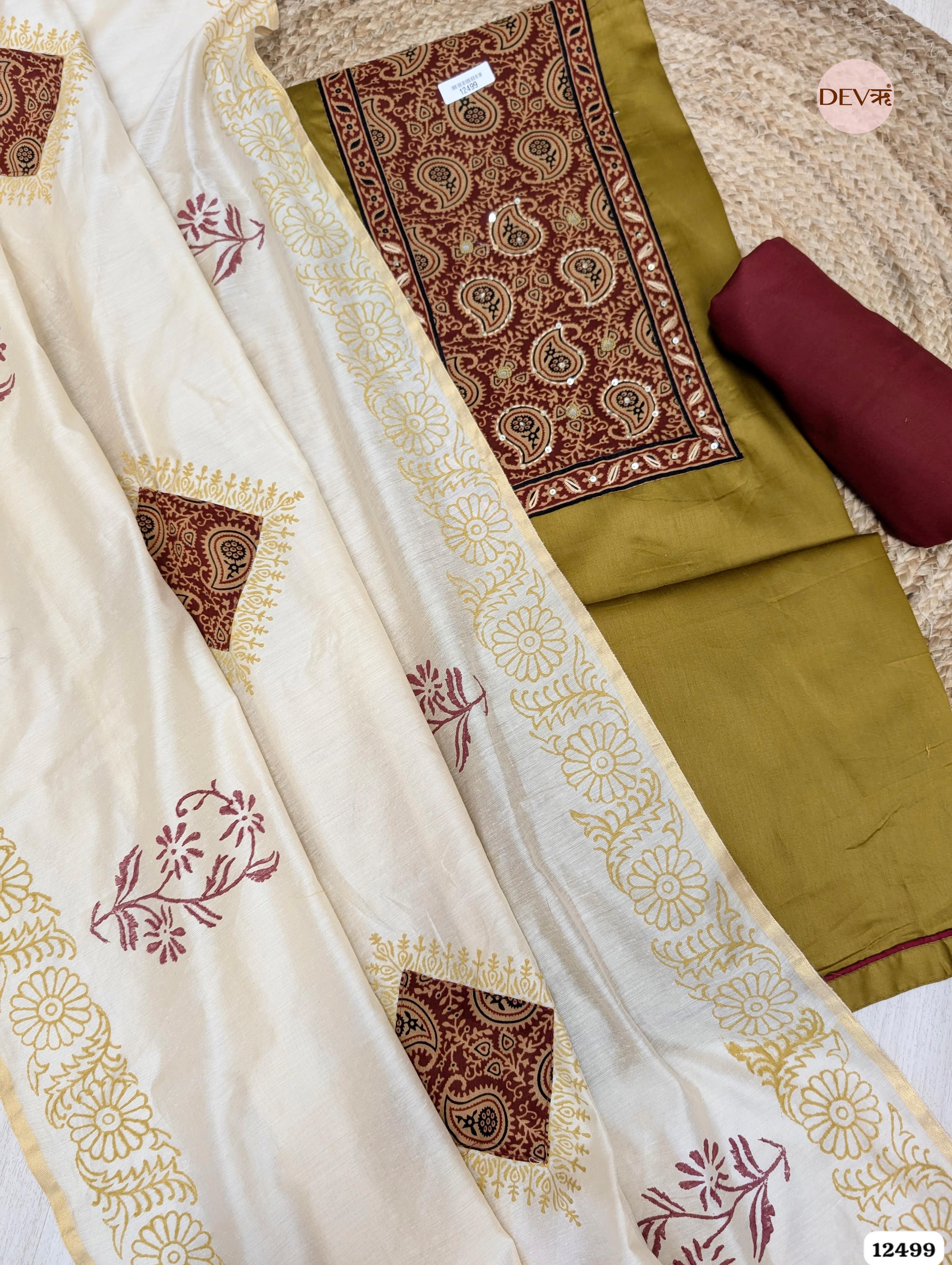 Mustard Yellow Cotton Printed Unstitched 3-Piece Suit (Devri – D.No 12499)