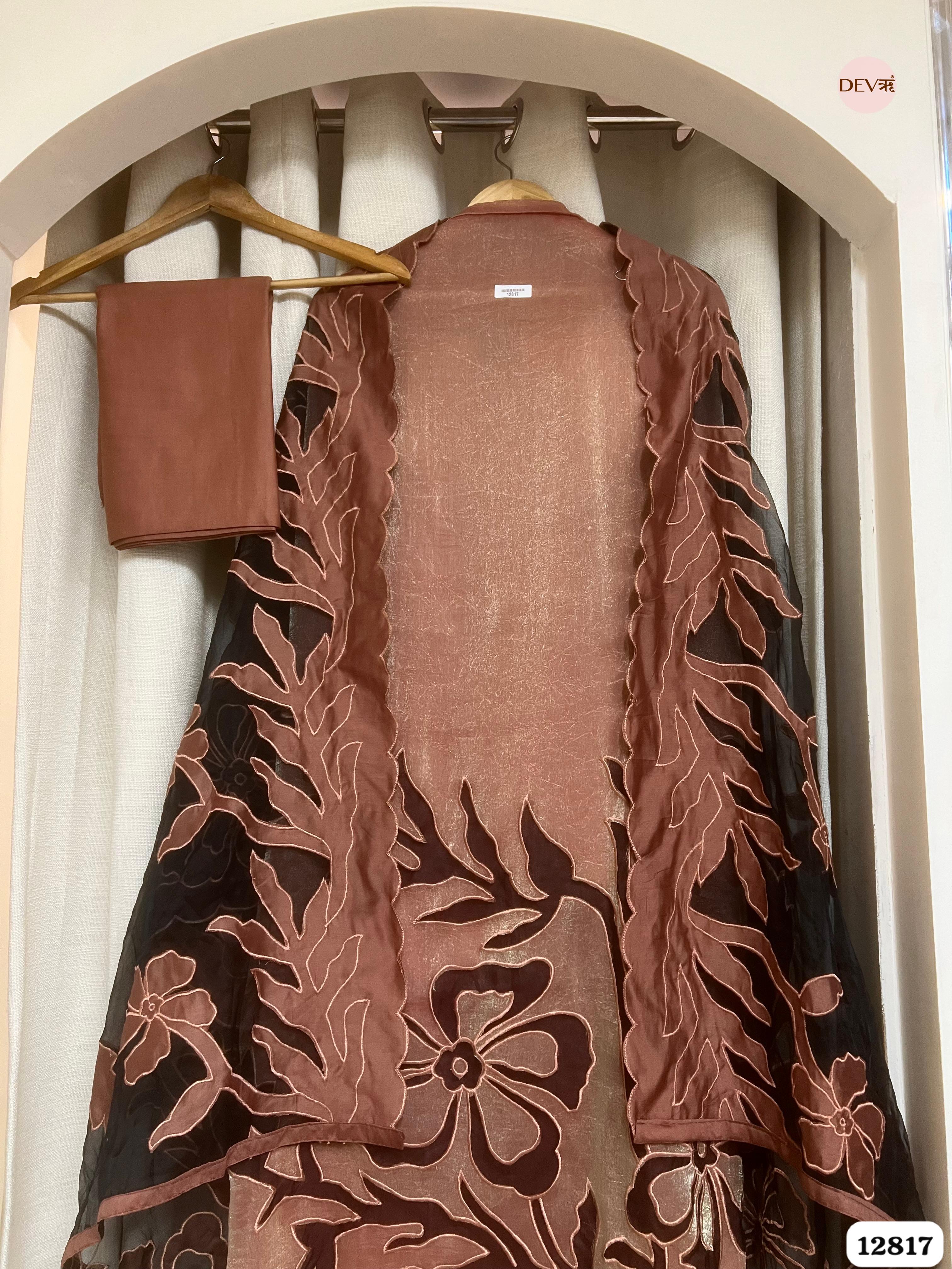 Brown Crush Tissue Silk Embroidered Unstitched 3-Piece Suit (Devri – D.No 12817)
