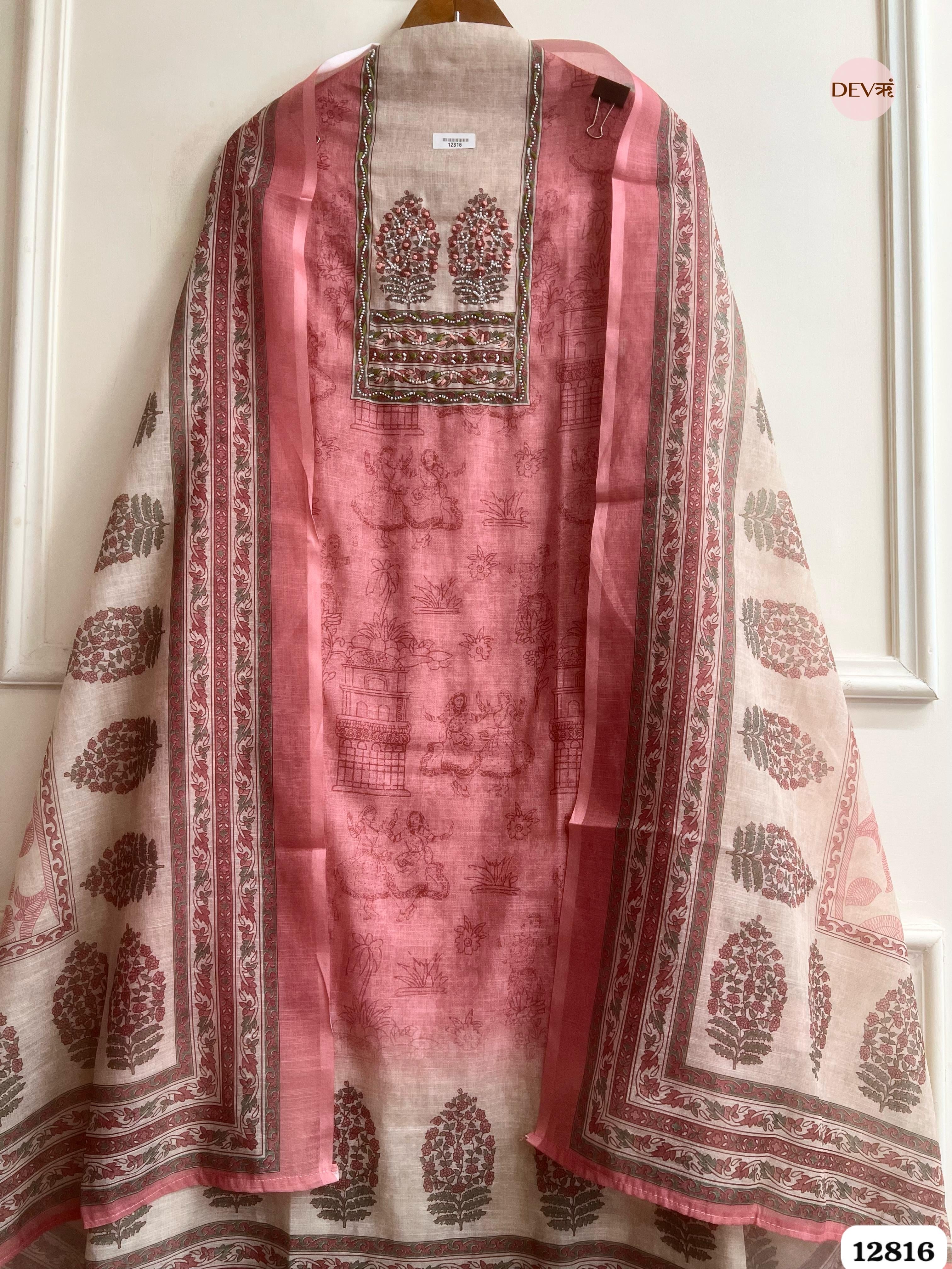 Pink Linen Cotton Printed Unstitched 3-Piece Suit (Devri – D.No 12816)