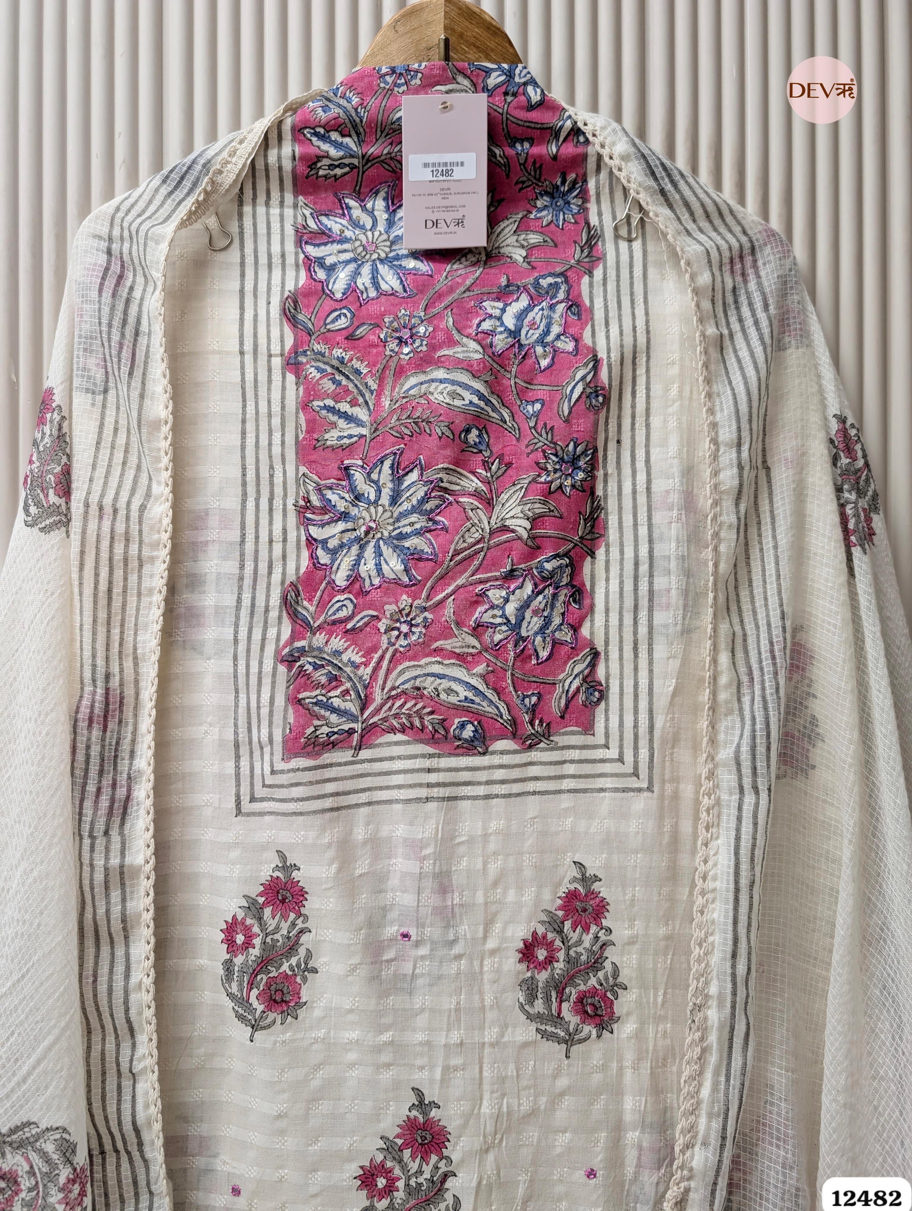 white & Pink Pure Cotton Printed Unstitched 3-Piece Suit (Devri – D.No 12482)