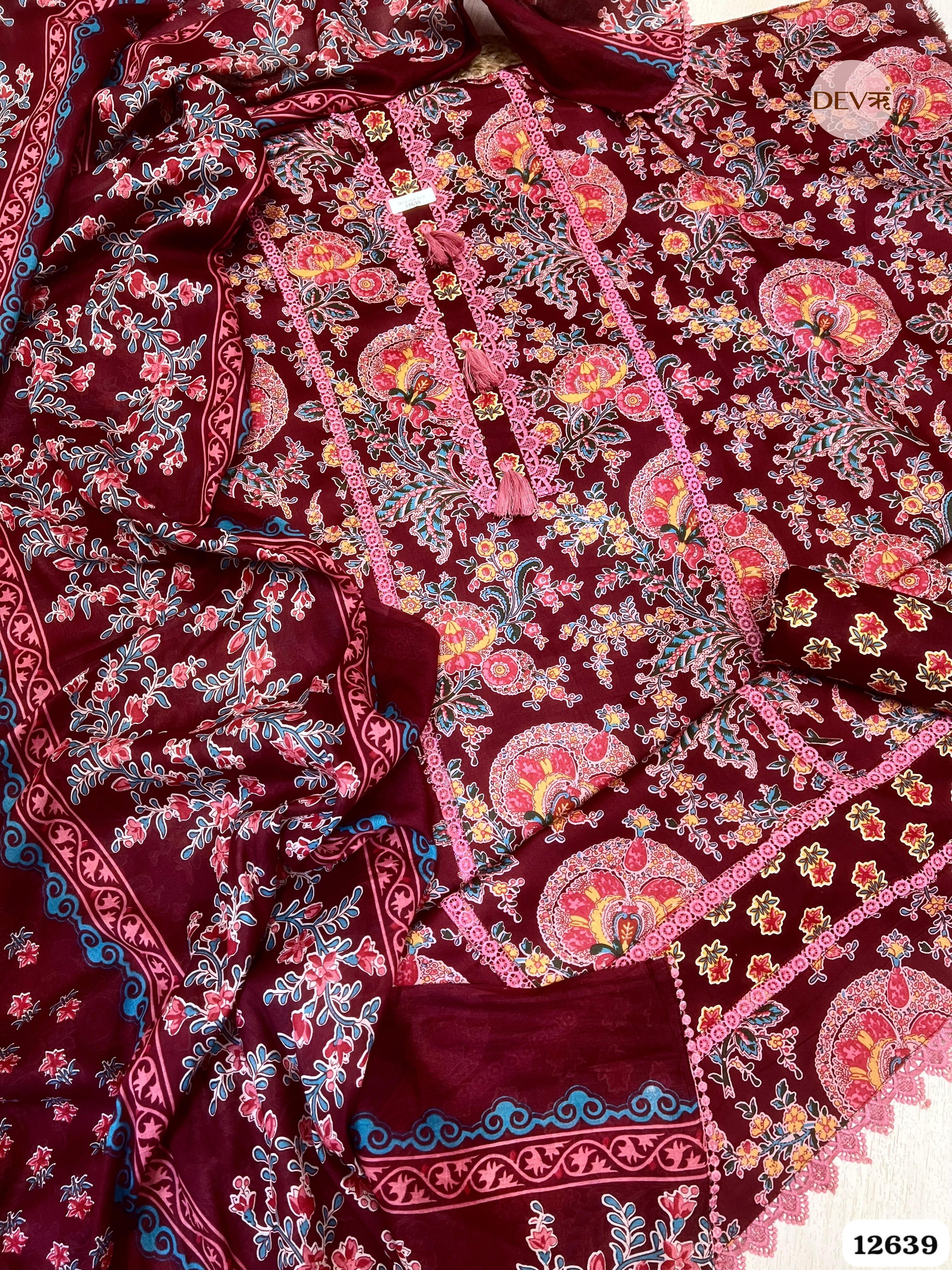 Wine Cotton Floral Printed Unstitched 3-Piece Suit (Devri – D.No 12639)