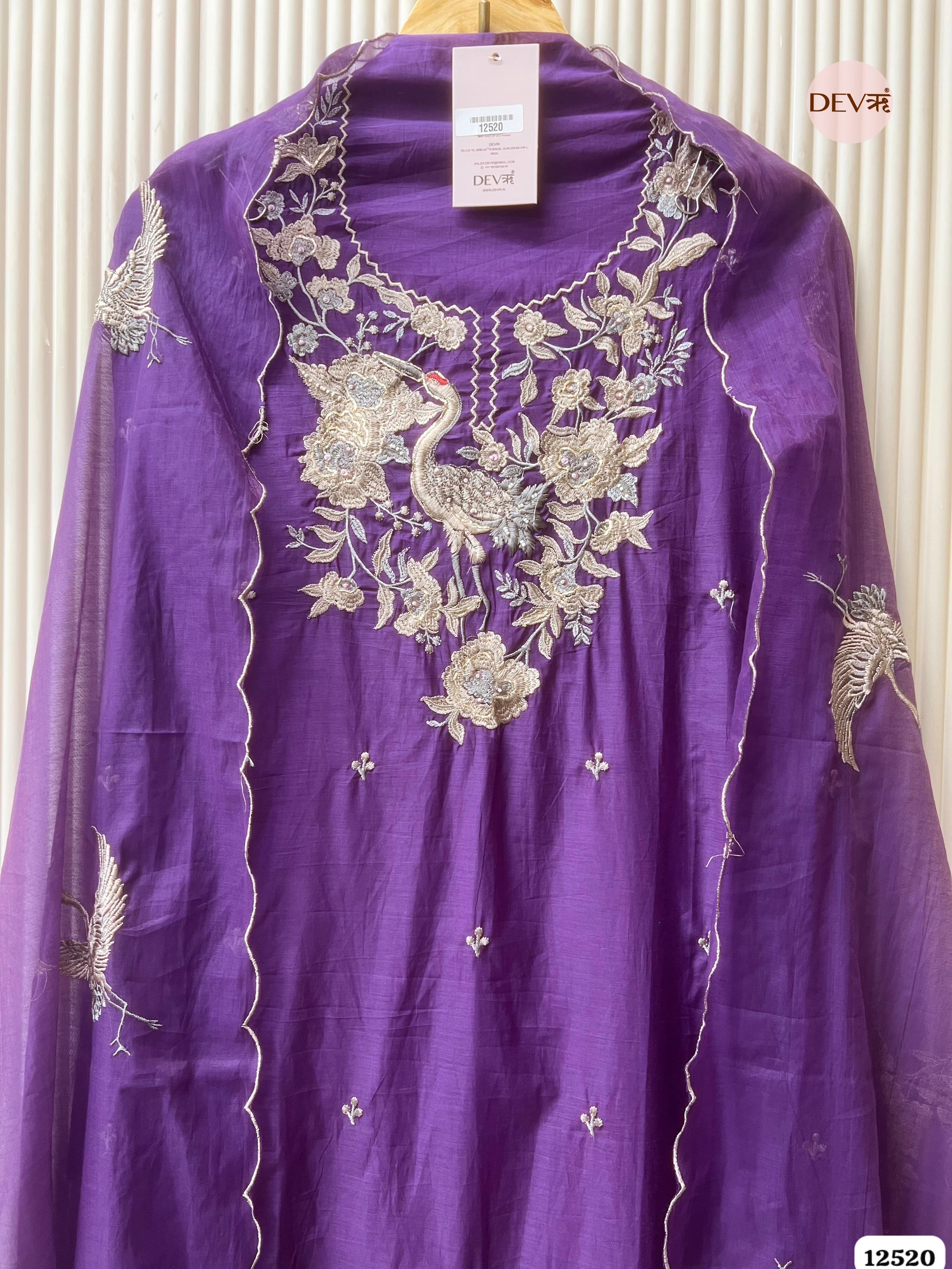Royal Purple Pure Mul Chanderi Embroidered Unstitched 3-Piece Suit (Devri – D.No . 12520)