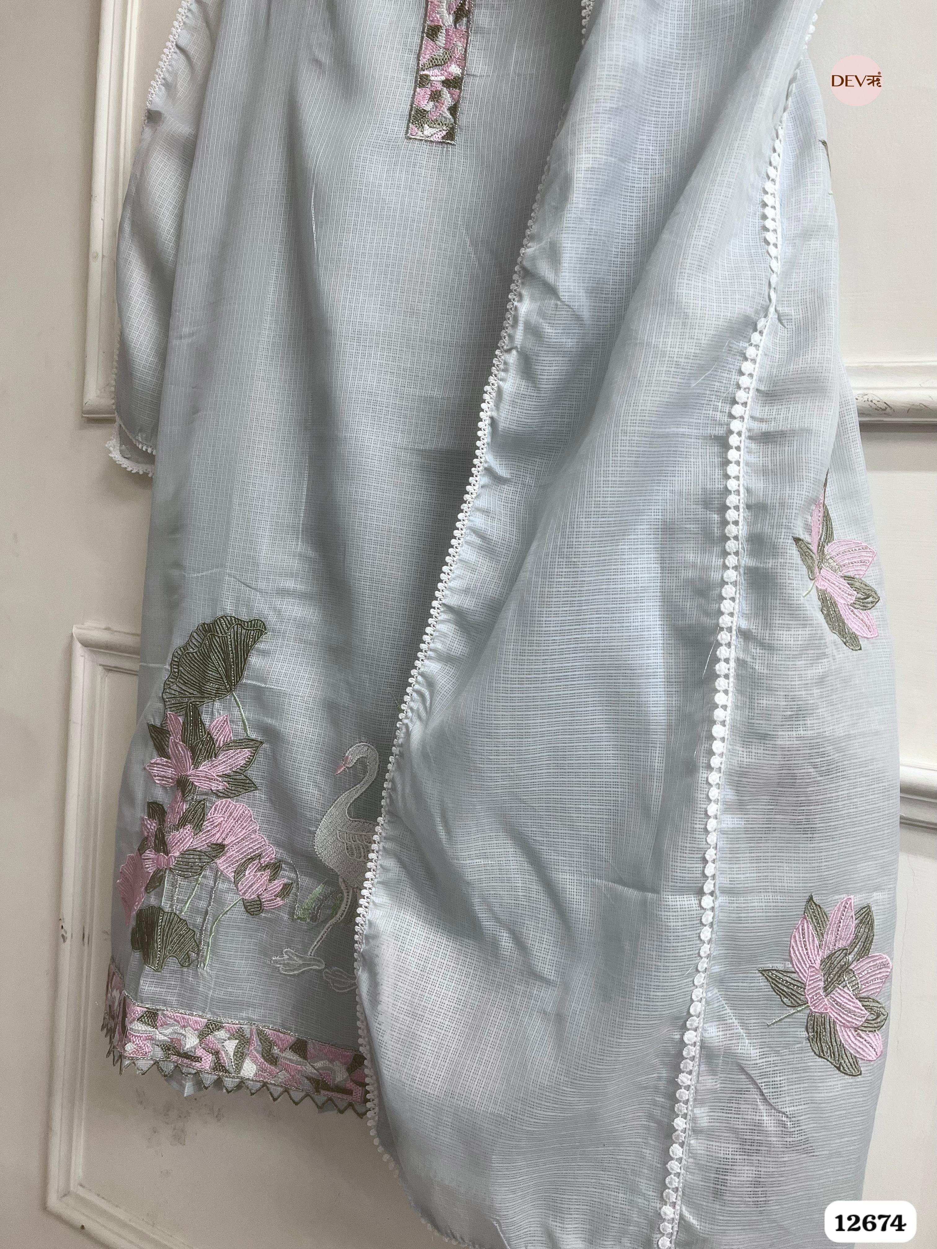 Sky Blue Kota Embroidered Unstitched 3-Piece Suit (Devri – D.No 12674)