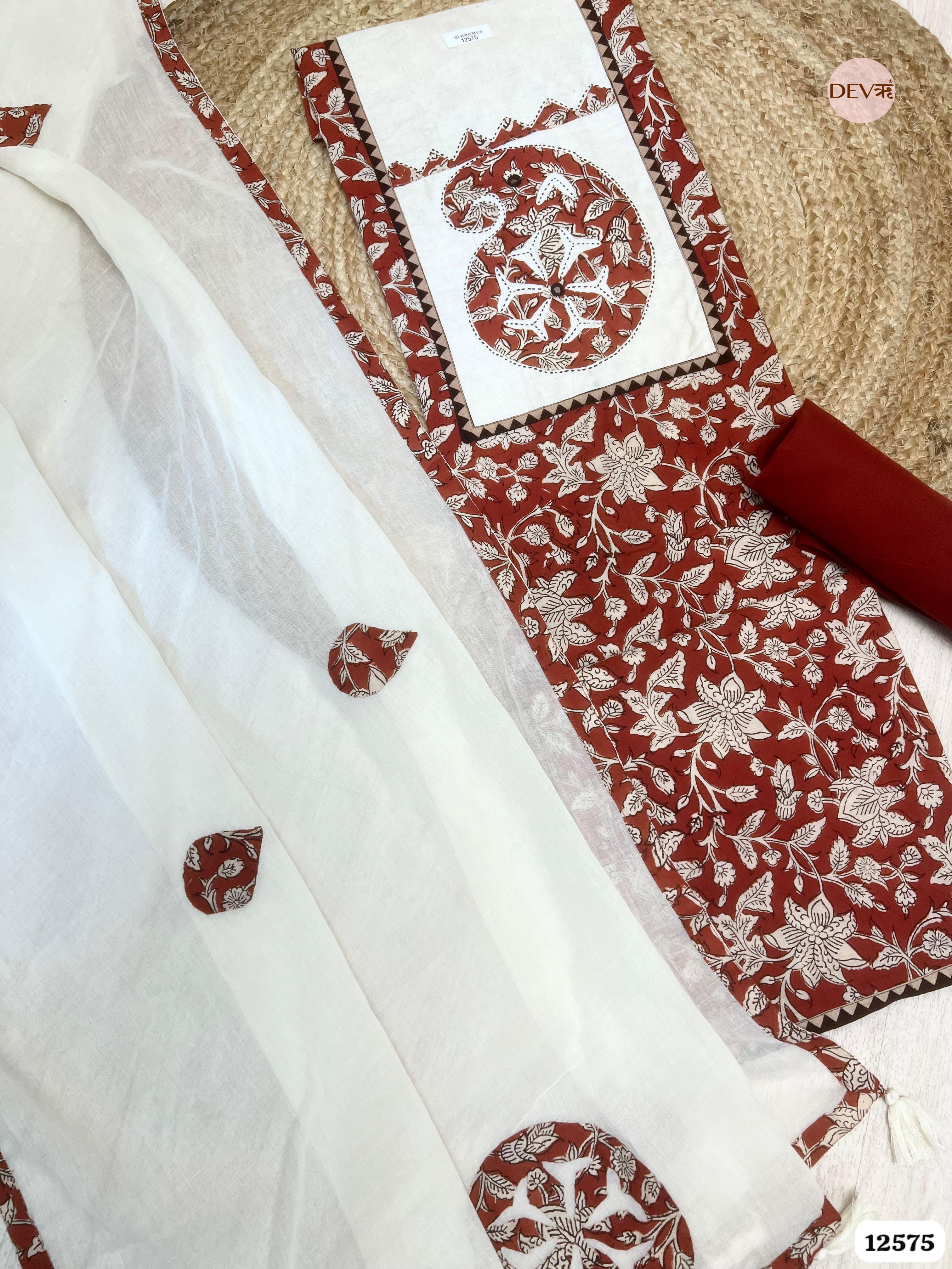Maroon Cotton Floral Print Unstitched 3-Piece Suit (Devri – D.No 12575)