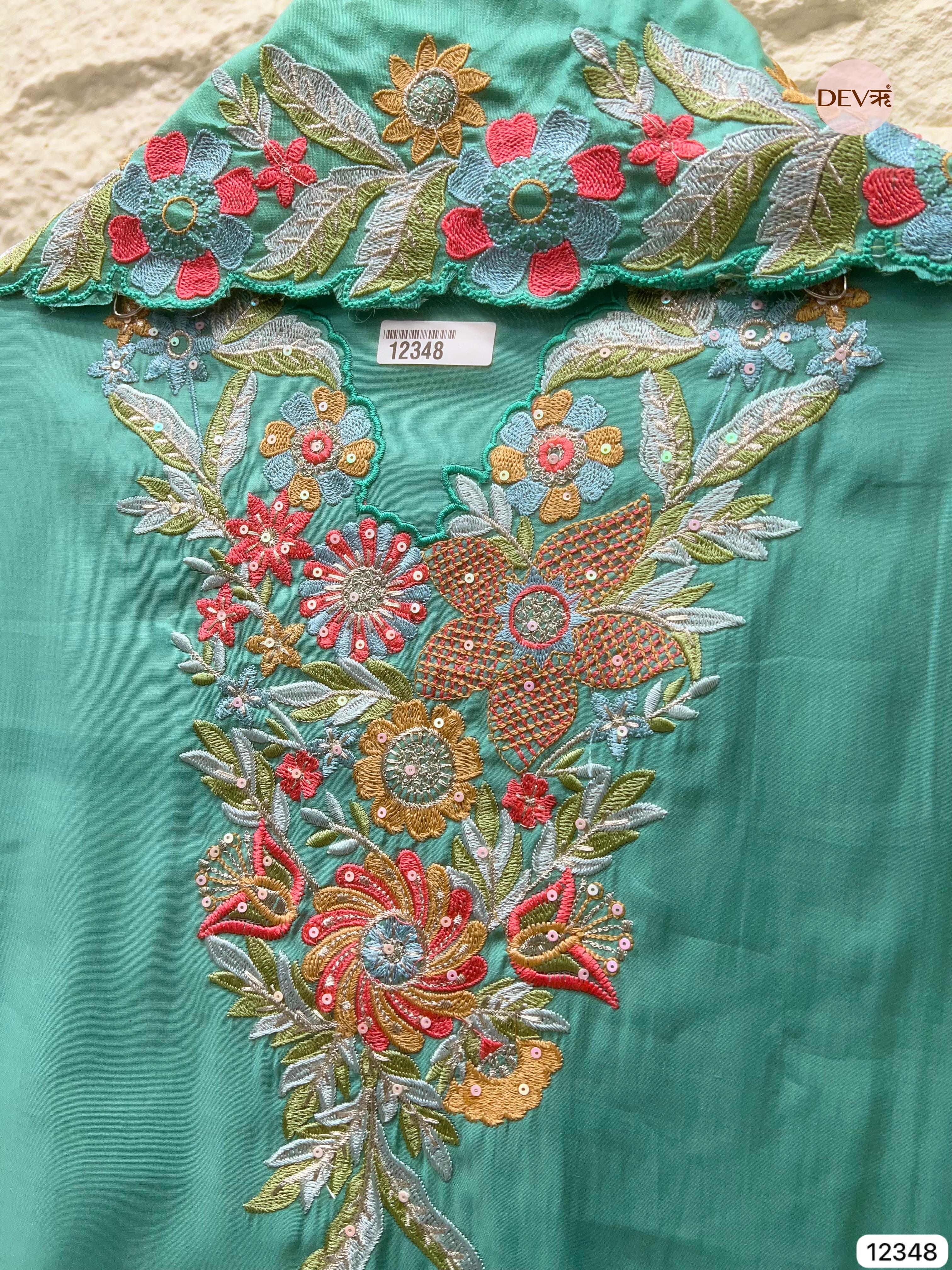 Teal Green Roman Silk Embroidered Unstitched 3-Piece Suit (Devri – D.No 12348)