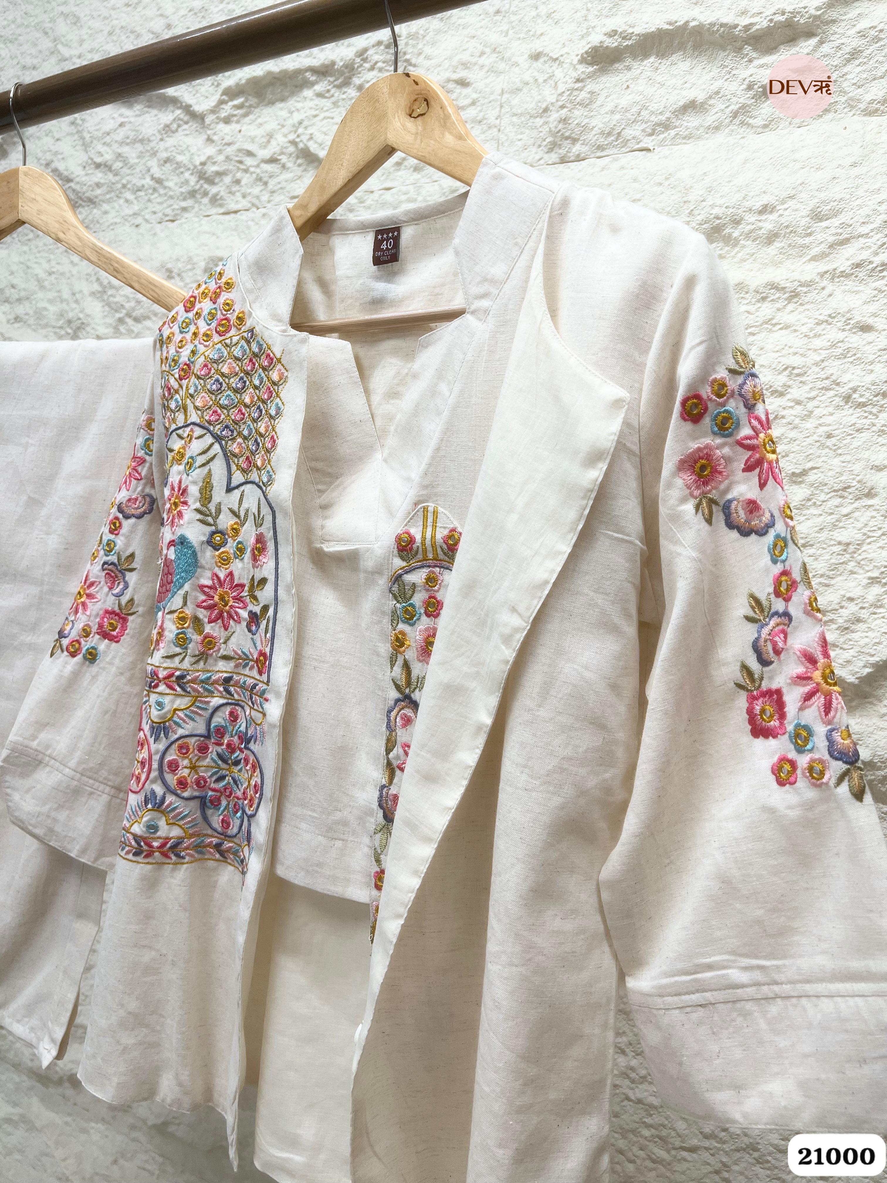 Dharini Cotton Embroidered Ivory 3-Piece Co-ord Set (Devri – D.No 21000)