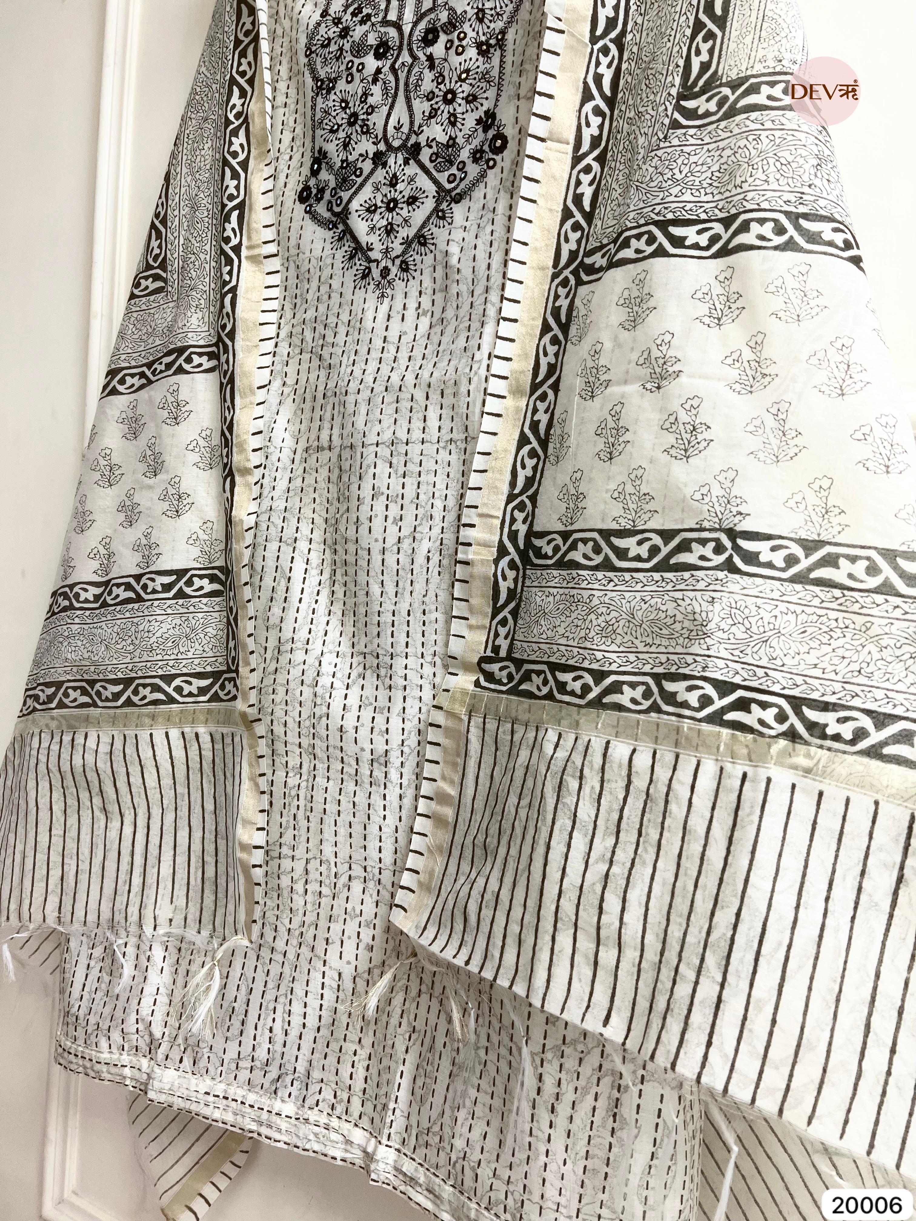 Black and White Pure Linen Cotton Embroidered Unstitched 3-Piece Suit (Devri – D.No 20006)