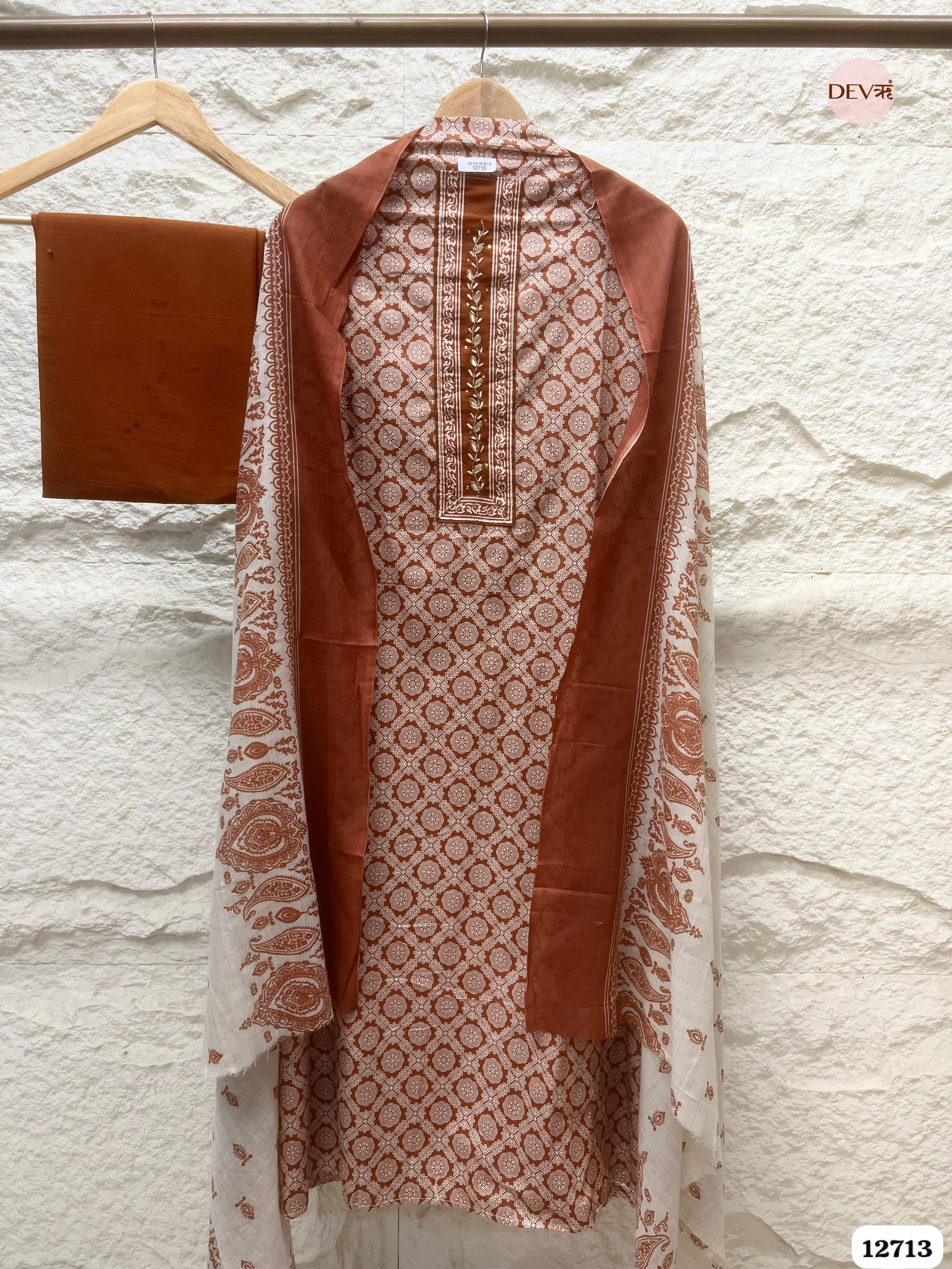 Rust Brown Cotton Printed Unstitched 3-Piece Suit (Devri – D.No 12713)