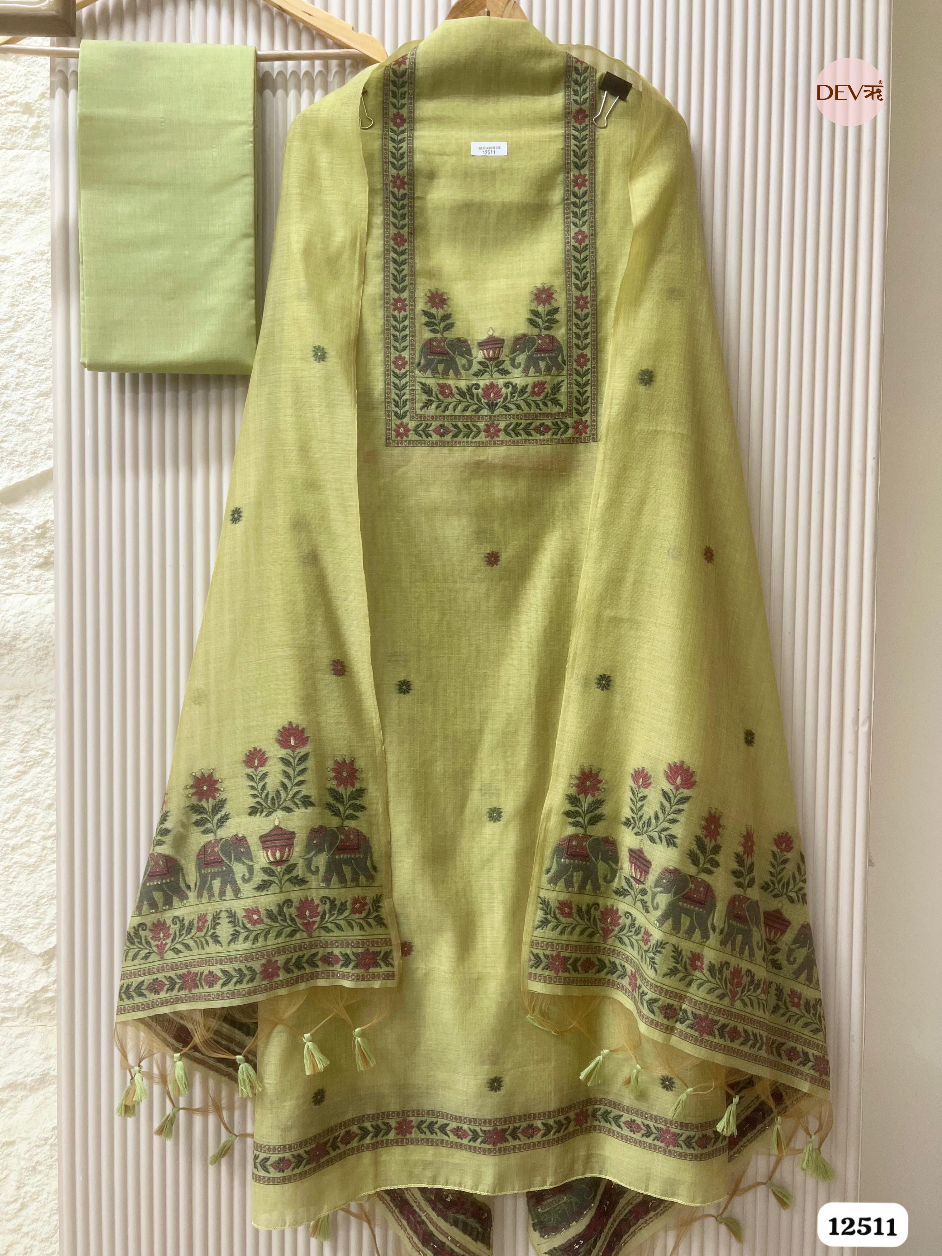 Lime Green Jamdani Embroidered Unstitched 3-Piece Suit (Devri – D.No 12511)