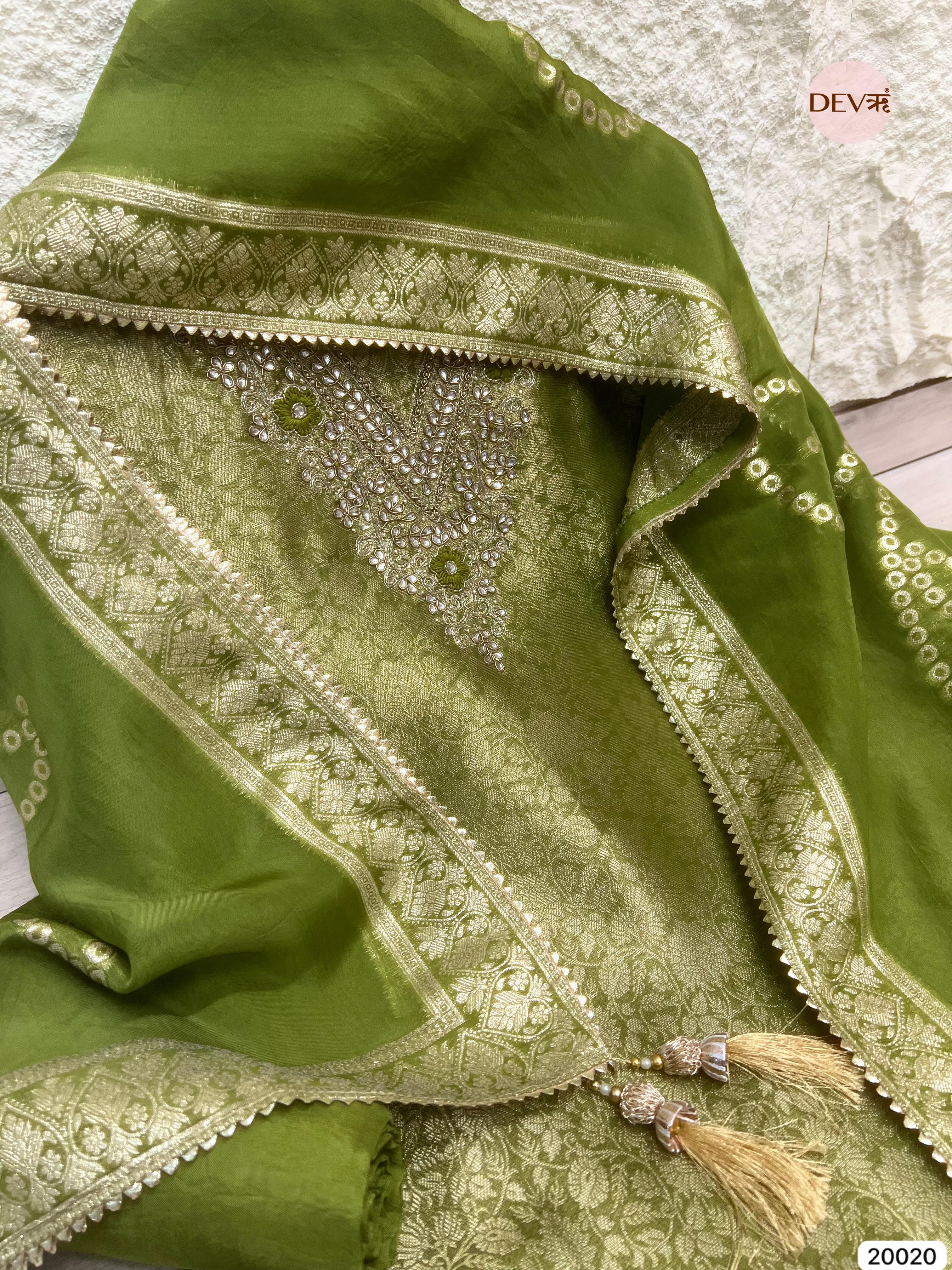 Olive Green Tissue Jacquard Embroidered Unstitched 3-Piece Suit (Devri – D.No 20020)