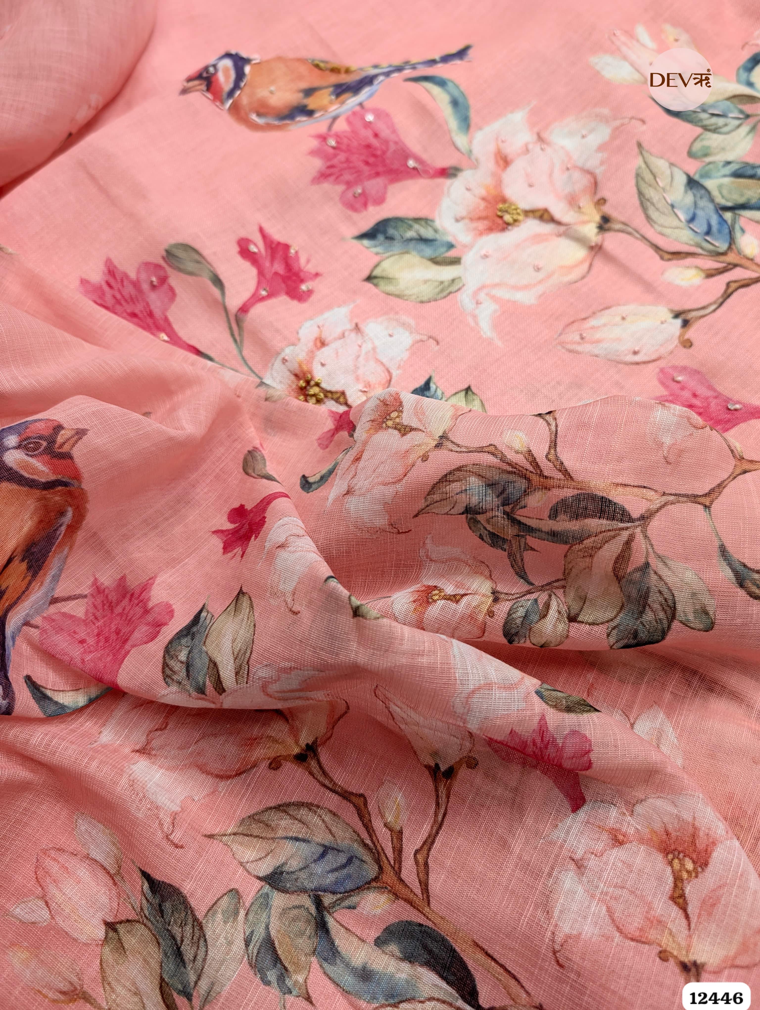 Peach Linen cotton Printed Unstitched 3-Piece Suit (Devri – D.No. 12446)