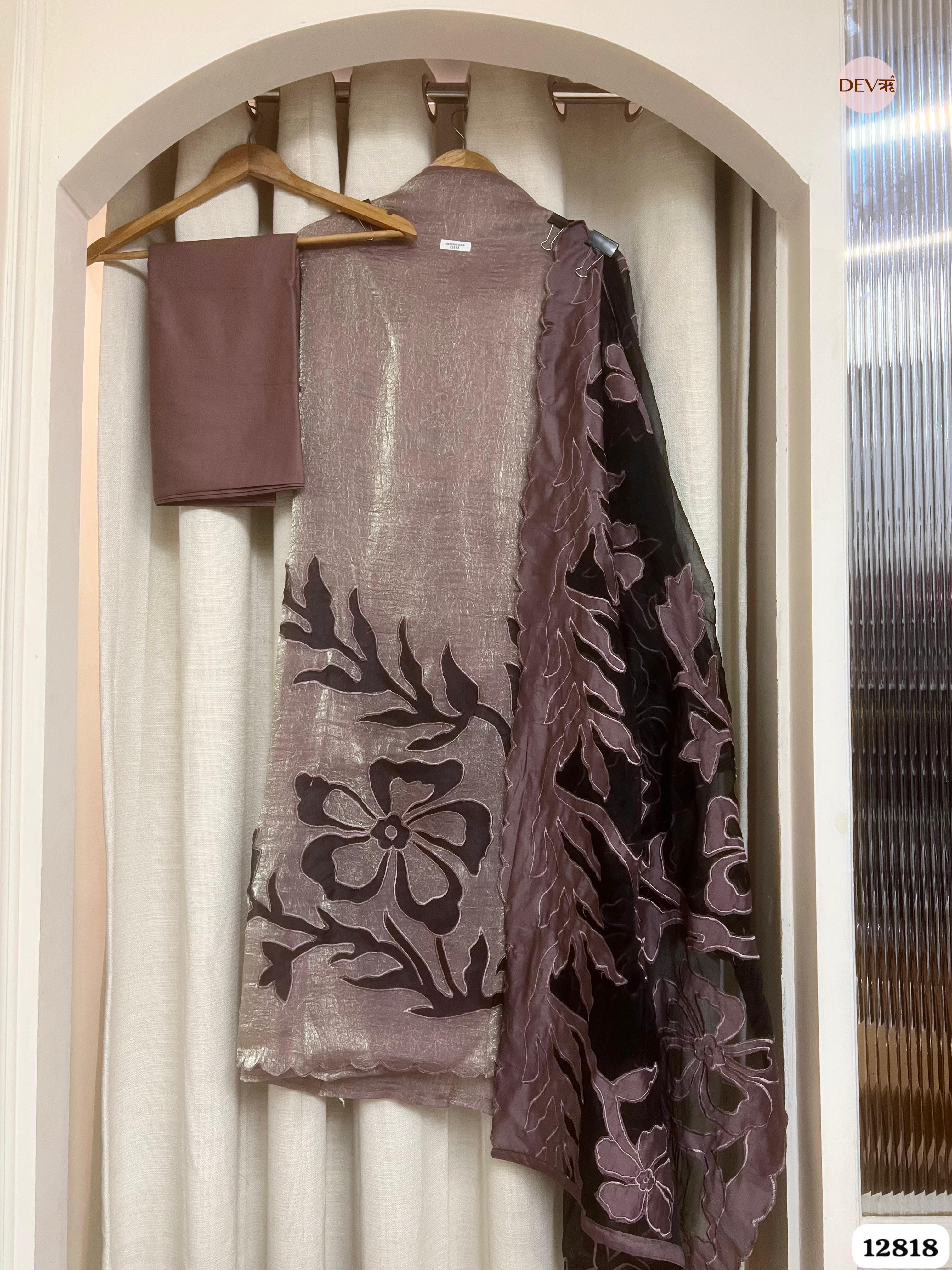 Brown Crush Tissue Silk Embroidered Unstitched 3-Piece Suit (Devri – D.No 12818)