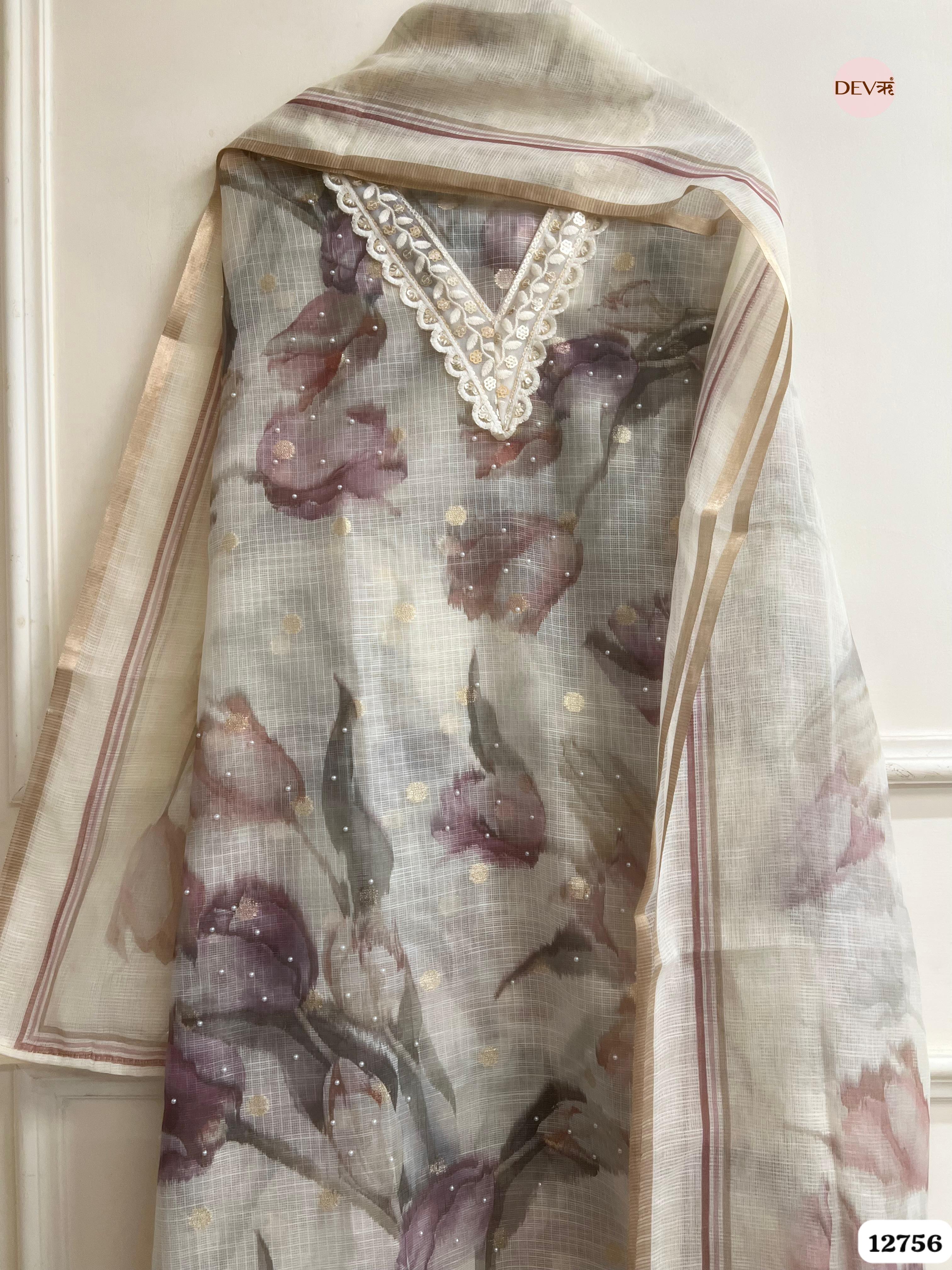 Ivory Kota Doria Floral Unstitched 3-Piece Suit (Devri – D.No 12756)