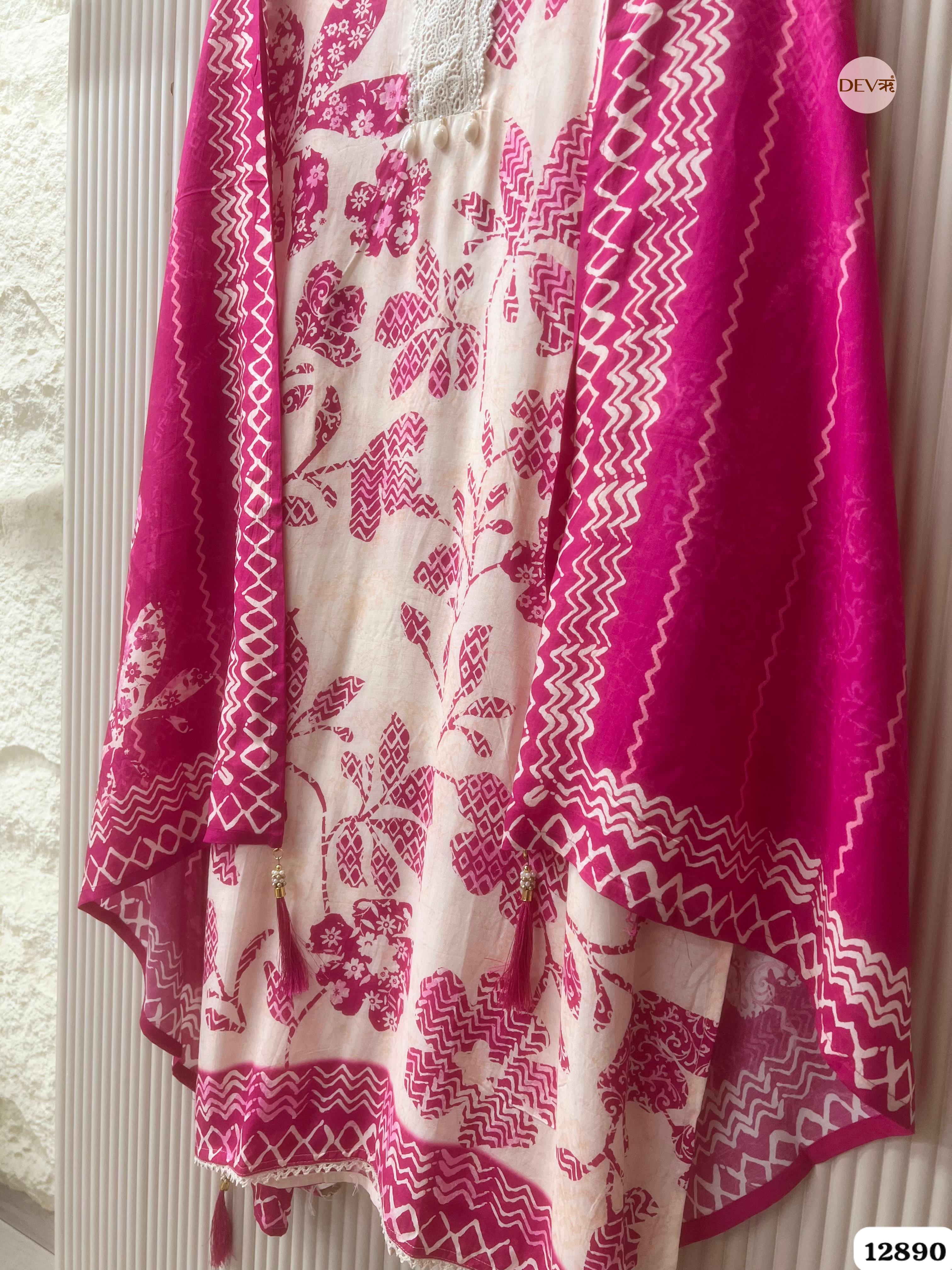Pink Muslin Printed Unstitched 3-Piece Suit (Devri – D.No 12890)