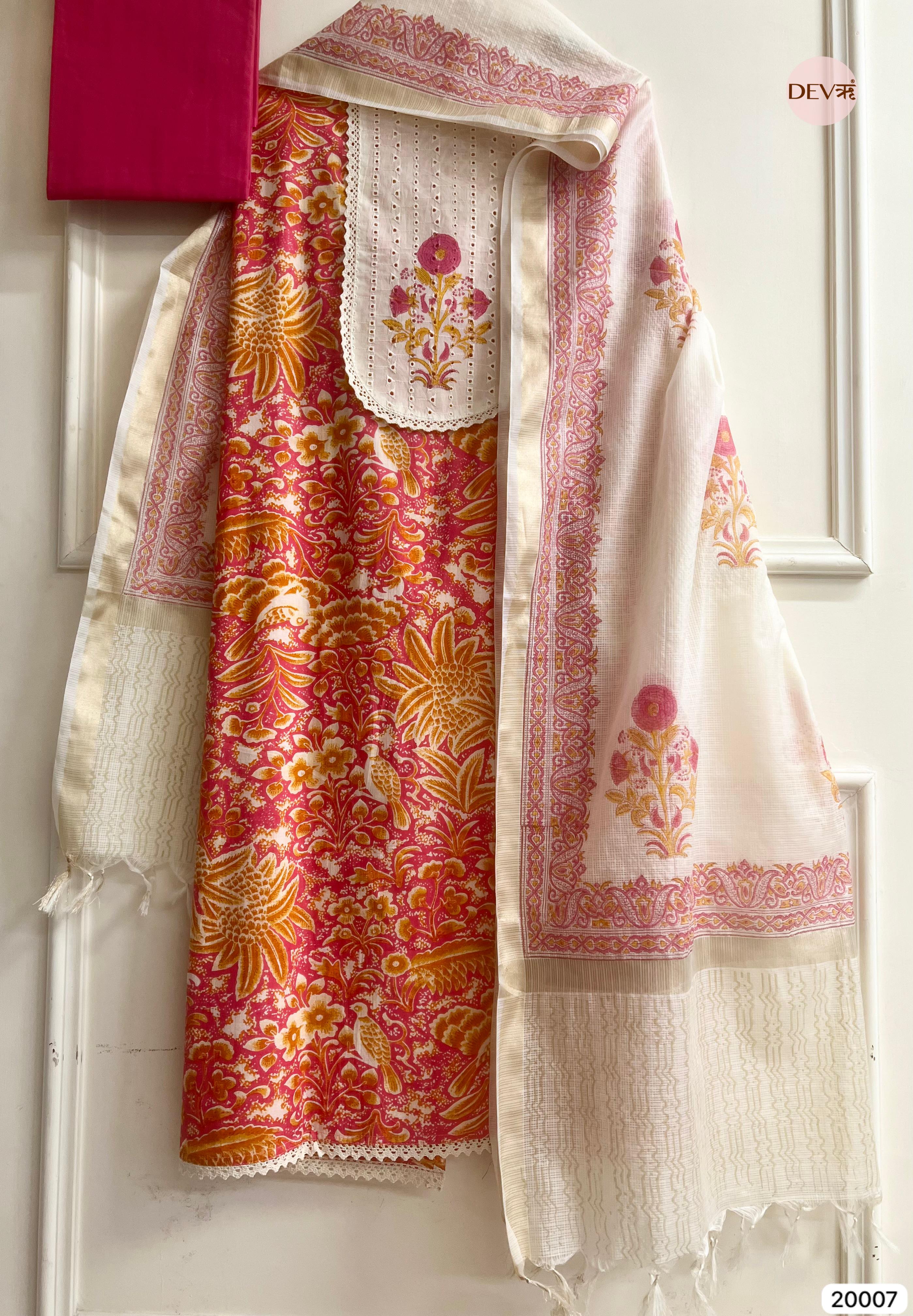 Pink and Mustard Pure Cotton Printed Unstitched 3-Piece Suit (Devri – D.No 20007)