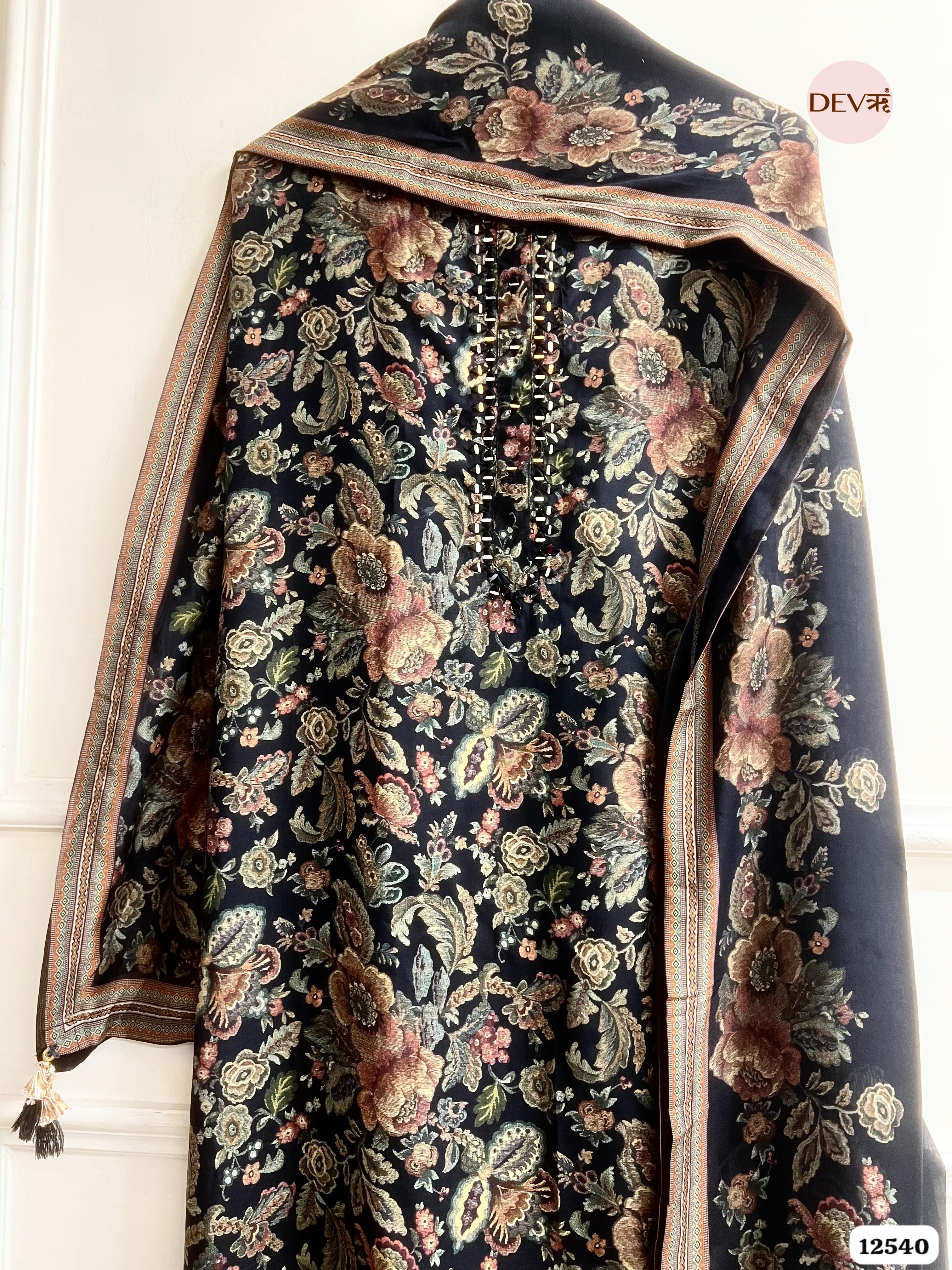Black Muslin Printed Unstitched 3-Piece Suit (Devri – D.No. 12540)