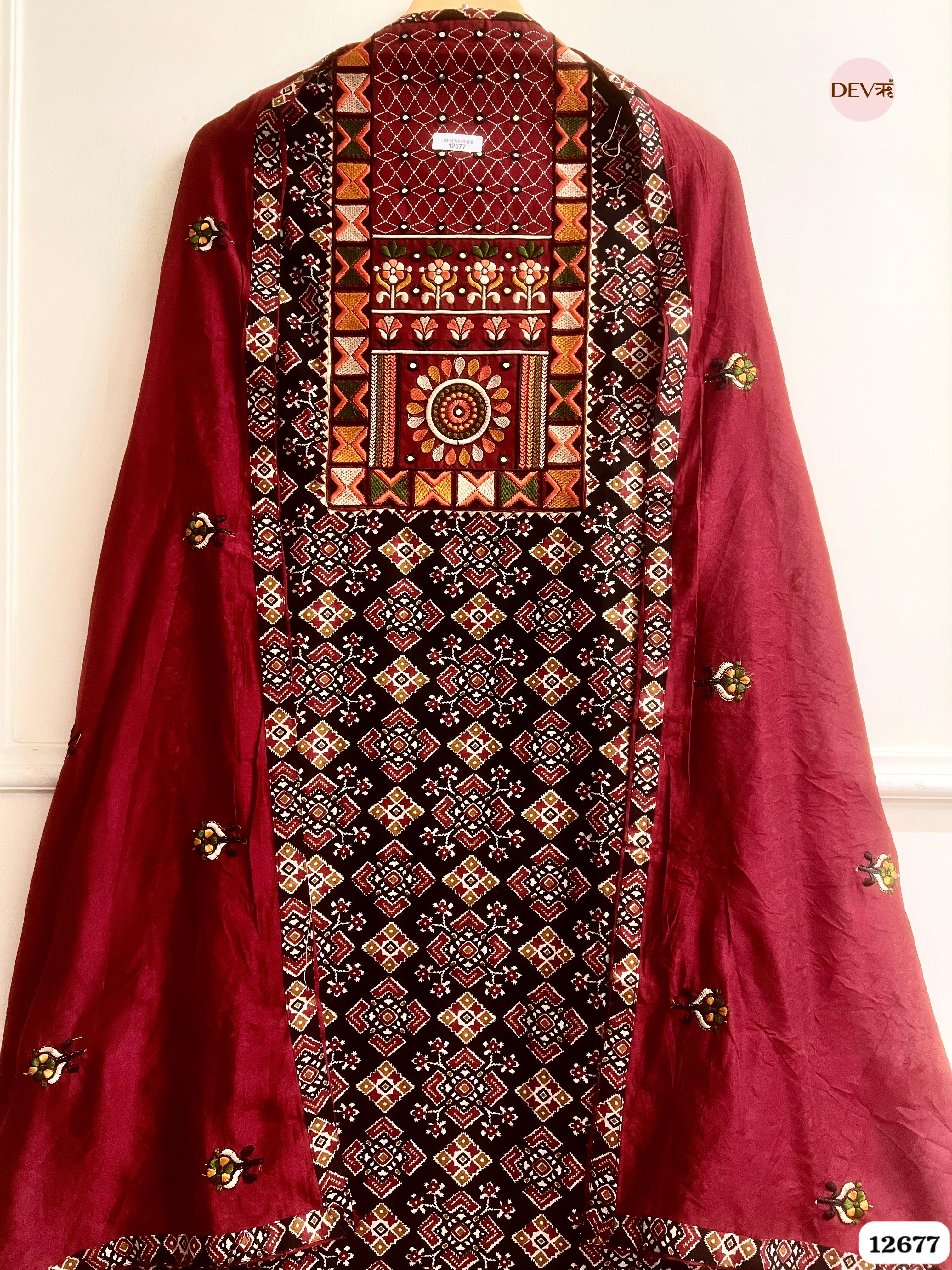 Maroon Modal Silk Printed Unstitched 3-Piece Suit (Devri – D.No 12677)